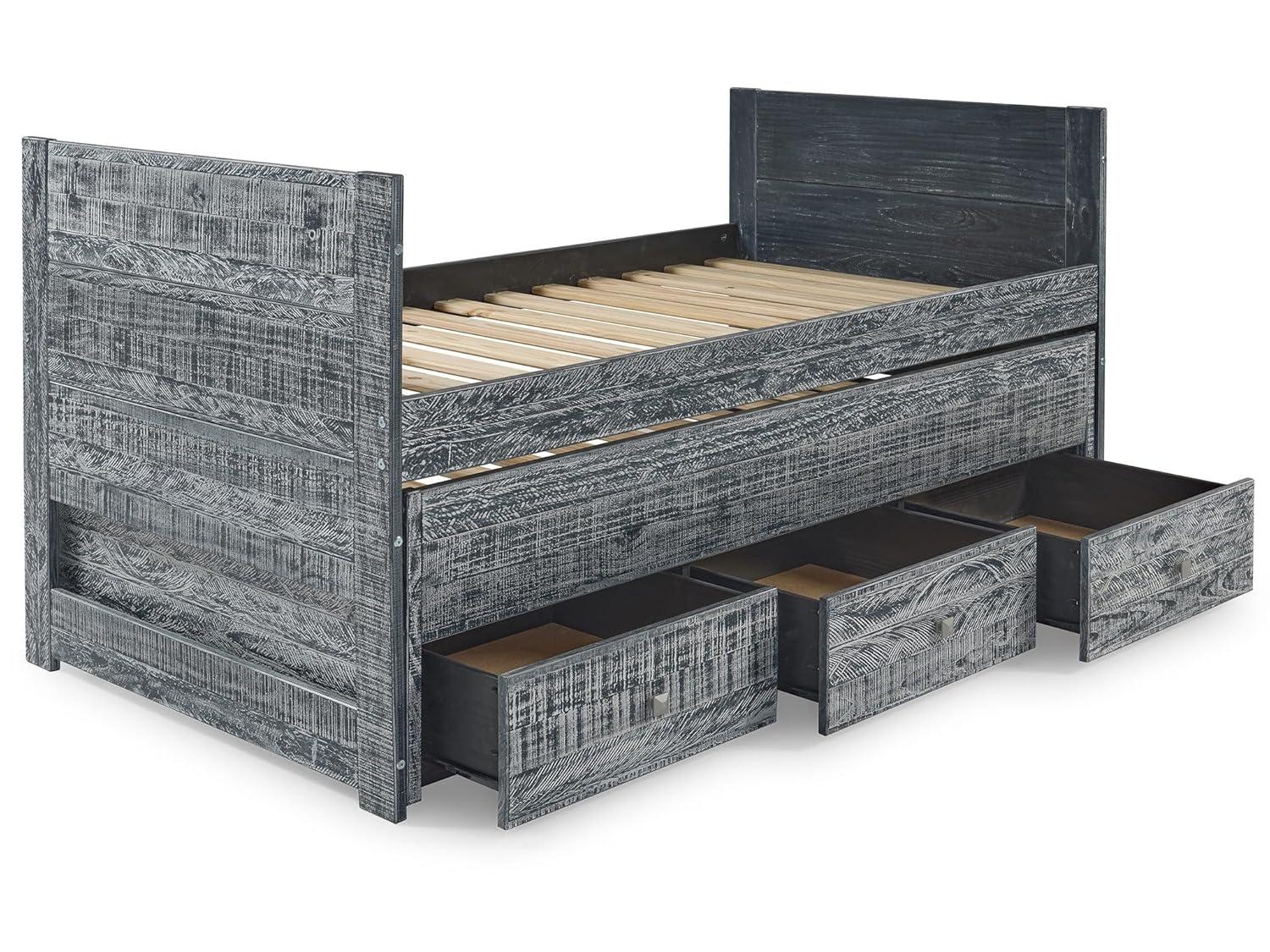 Bedz King All in One Twin Bed with Trundle and 3 Built in Drawers, Weathered Black