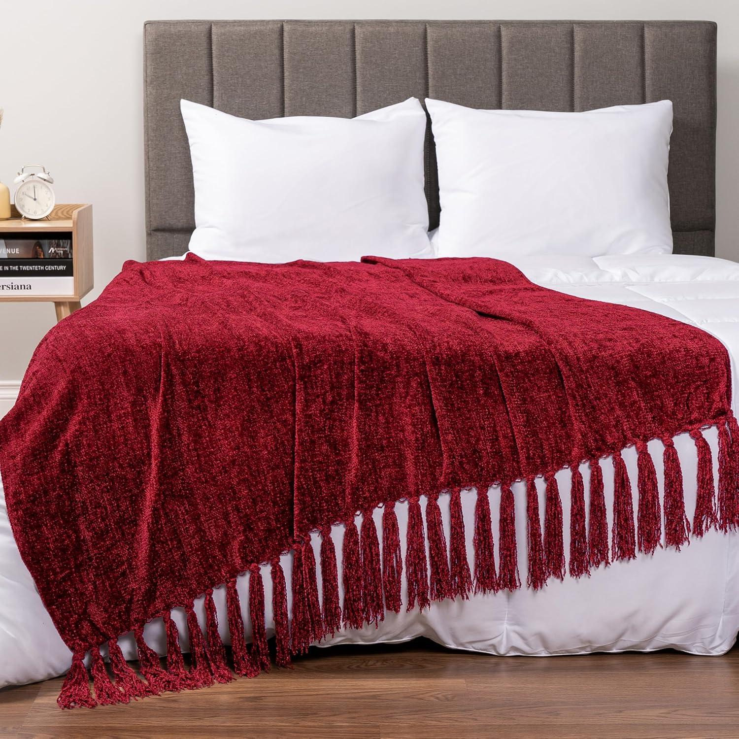 PAVILIA Chenille Throw Blanket with Woven Knitted Tassel Fringe for Couch, Living Room Decor and Bed