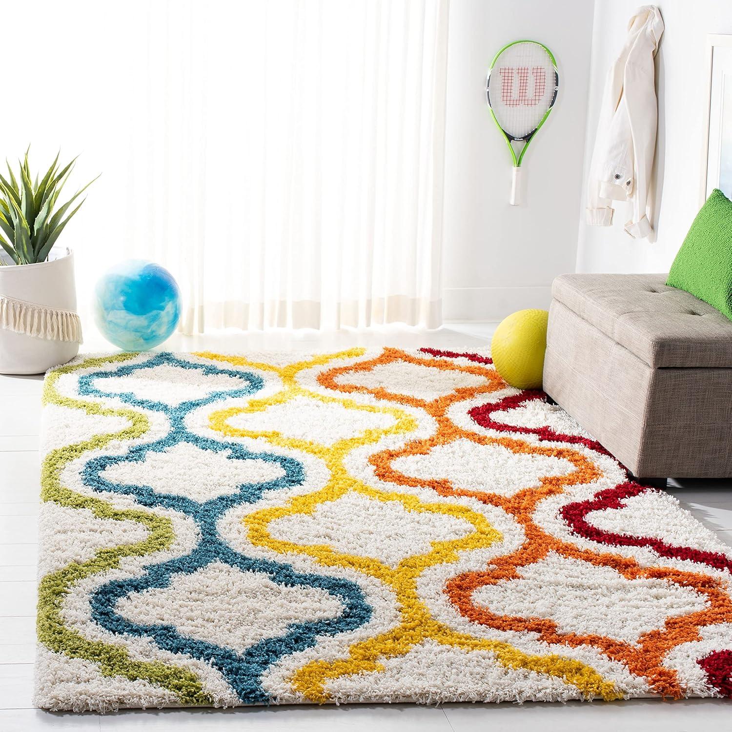 Ivory and Multicolor Shag Kids Area Rug