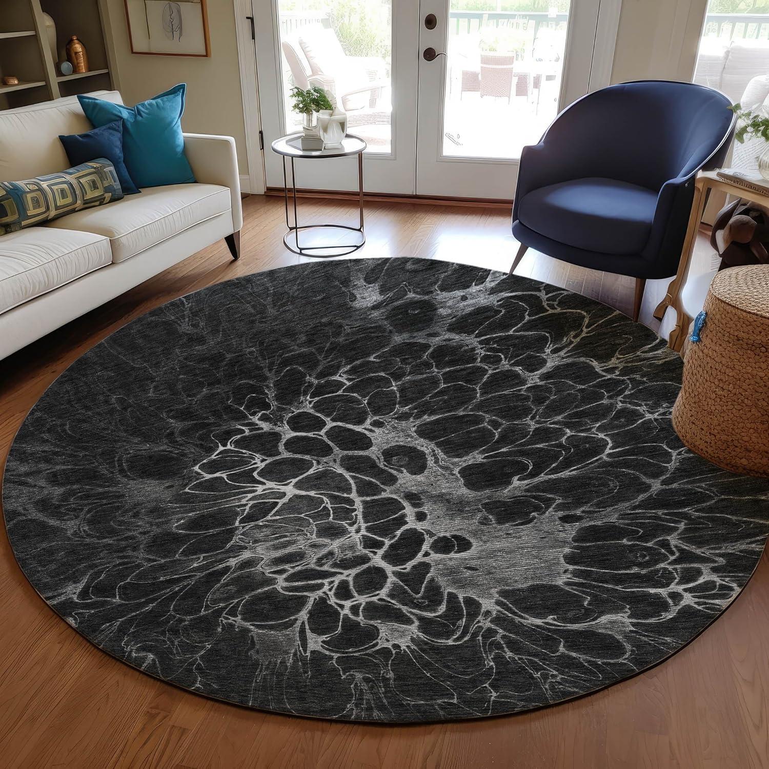 Charcoal Round 8' Synthetic Flat Woven Indoor Outdoor Rug