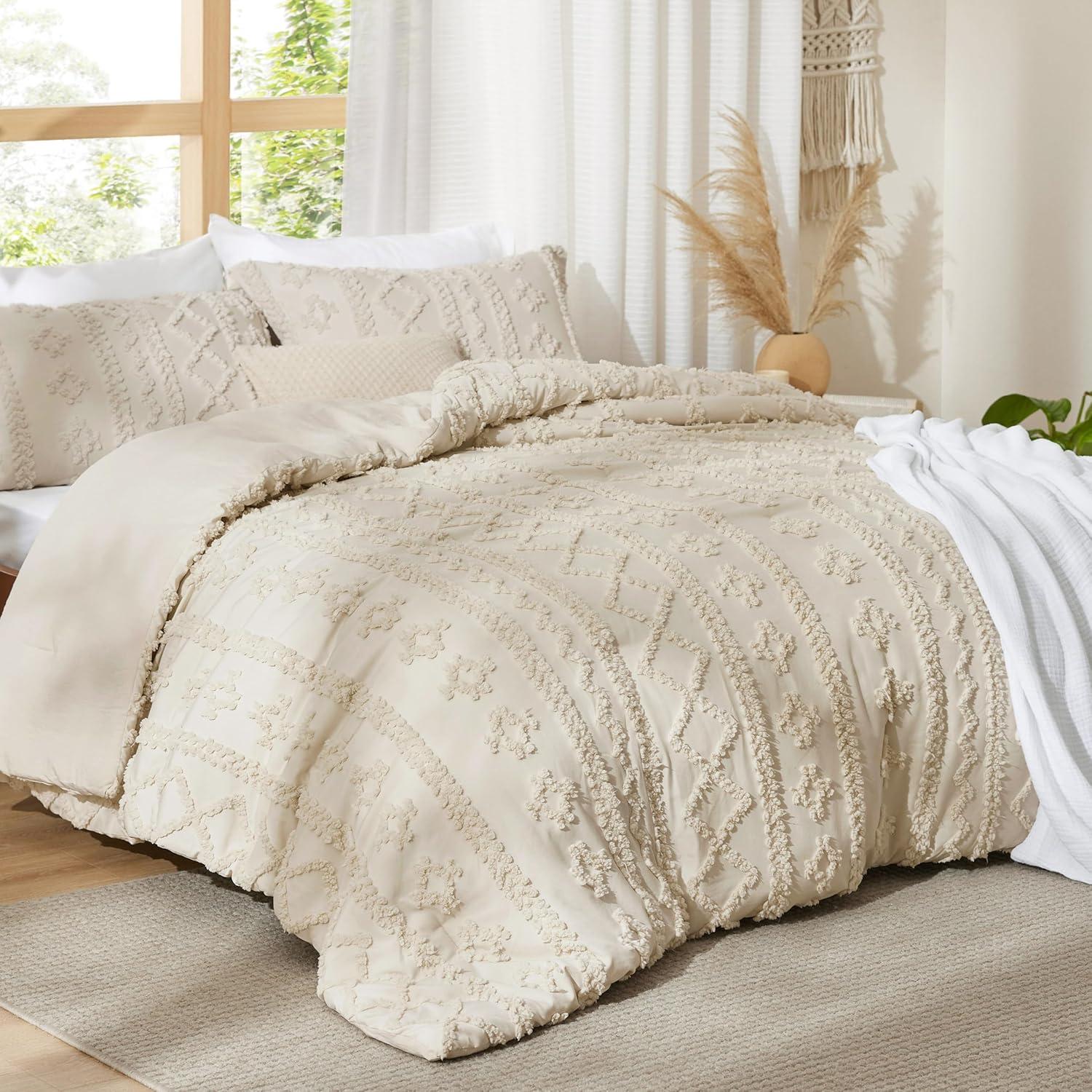 Cozy Comfort Tufted Boho Comforter Set Full, Beige, 3 Pieces Farmhouse Shabby Chic Embroidery Bed Set, Soft Jacquard Comforter for All Seasons