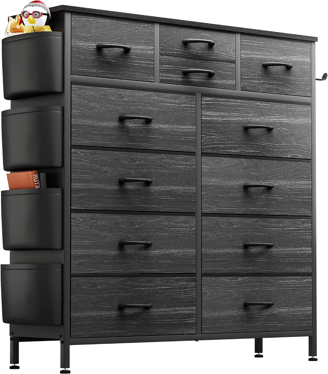 Black Tall Dresser with 12 Fabric Drawers and Side Pockets