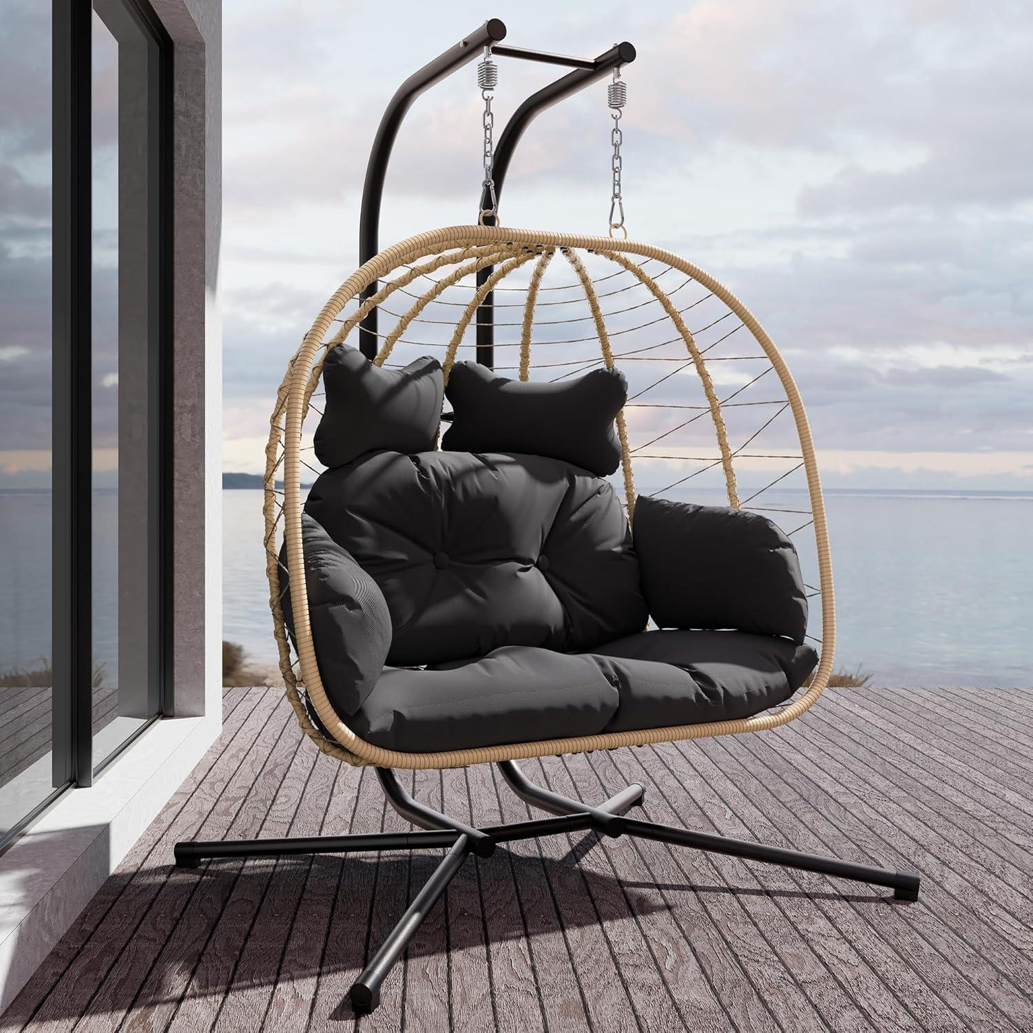 LHBcraft Double Wicker Swing Egg Chair Hammock Foldable Hanging Loveseat with Stand, UV Resistant Removable Cushions, 700LBS Capacity for Bedroom, Balcony (Black and Beige)