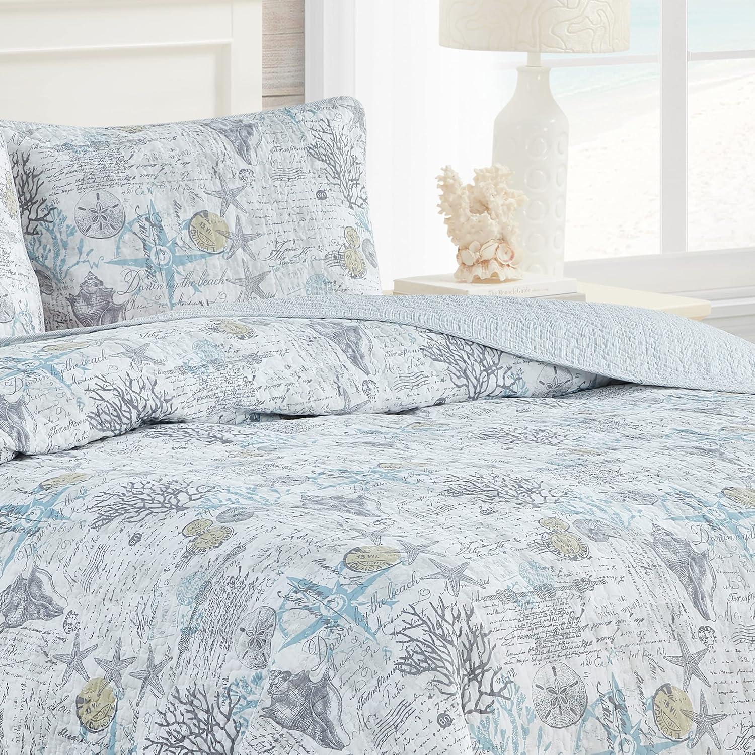 Beach Bliss Grey Reversible Coastal 3 Piece Quilt Set