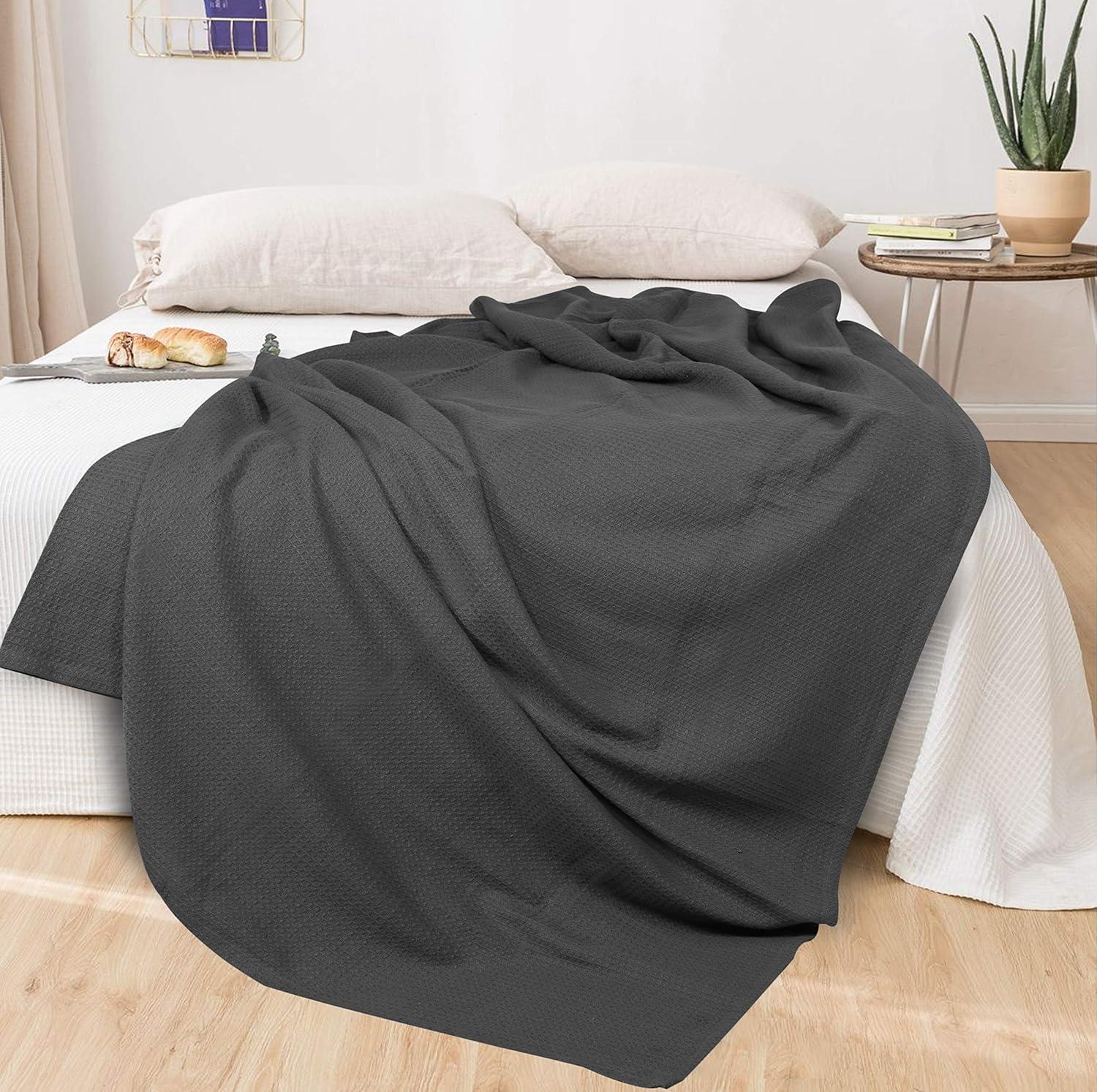 GLAMBURG 100% Cotton Thermal Blanket, Breathable Bed Blanket Queen Size, Soft Waffle Blanket, Queen Blanket, All Season Cotton Blanket, Charcoal