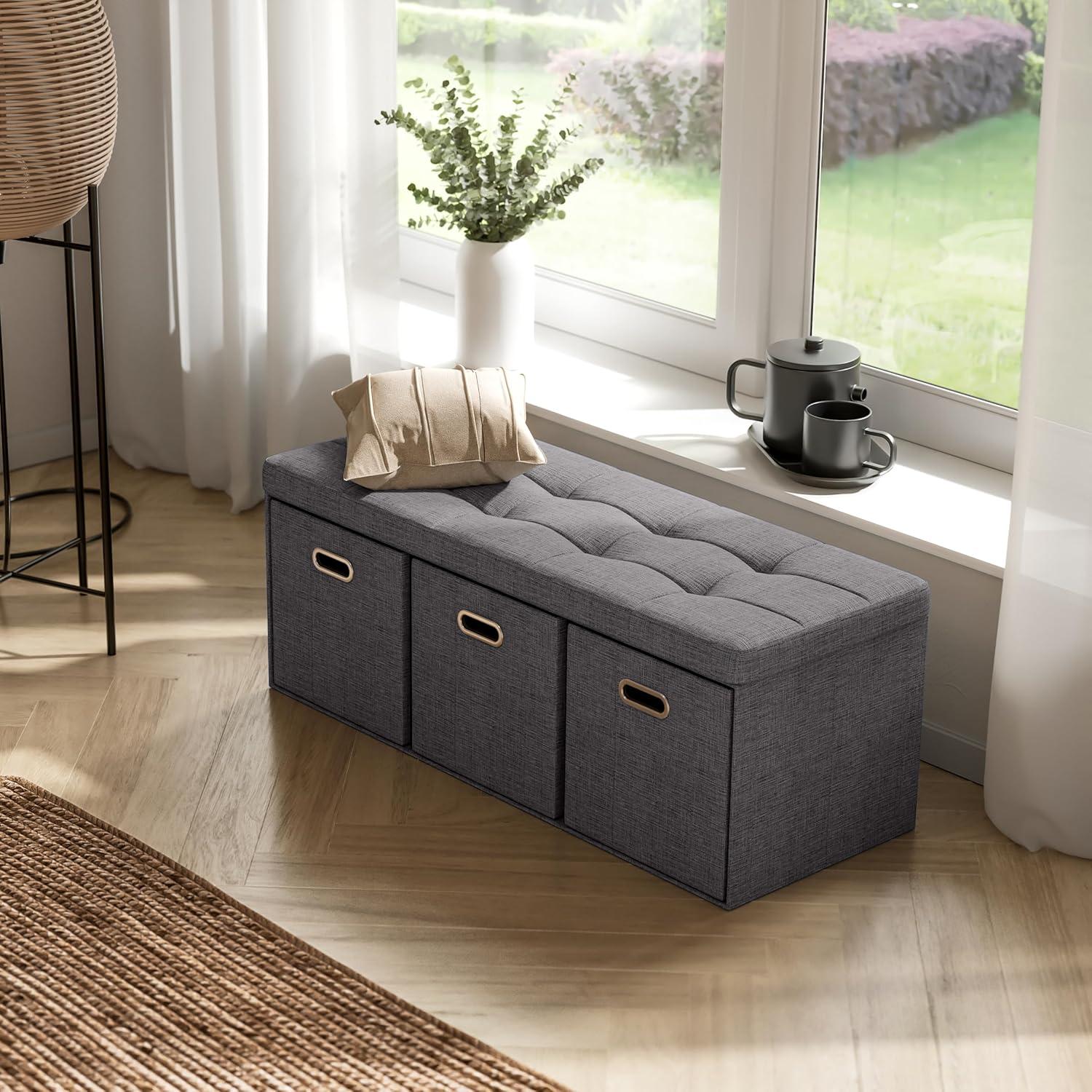 Ornavo Home Collapsible Large Storage Bench Ottoman with Drawers - 40" Inch - Charcoal Gray