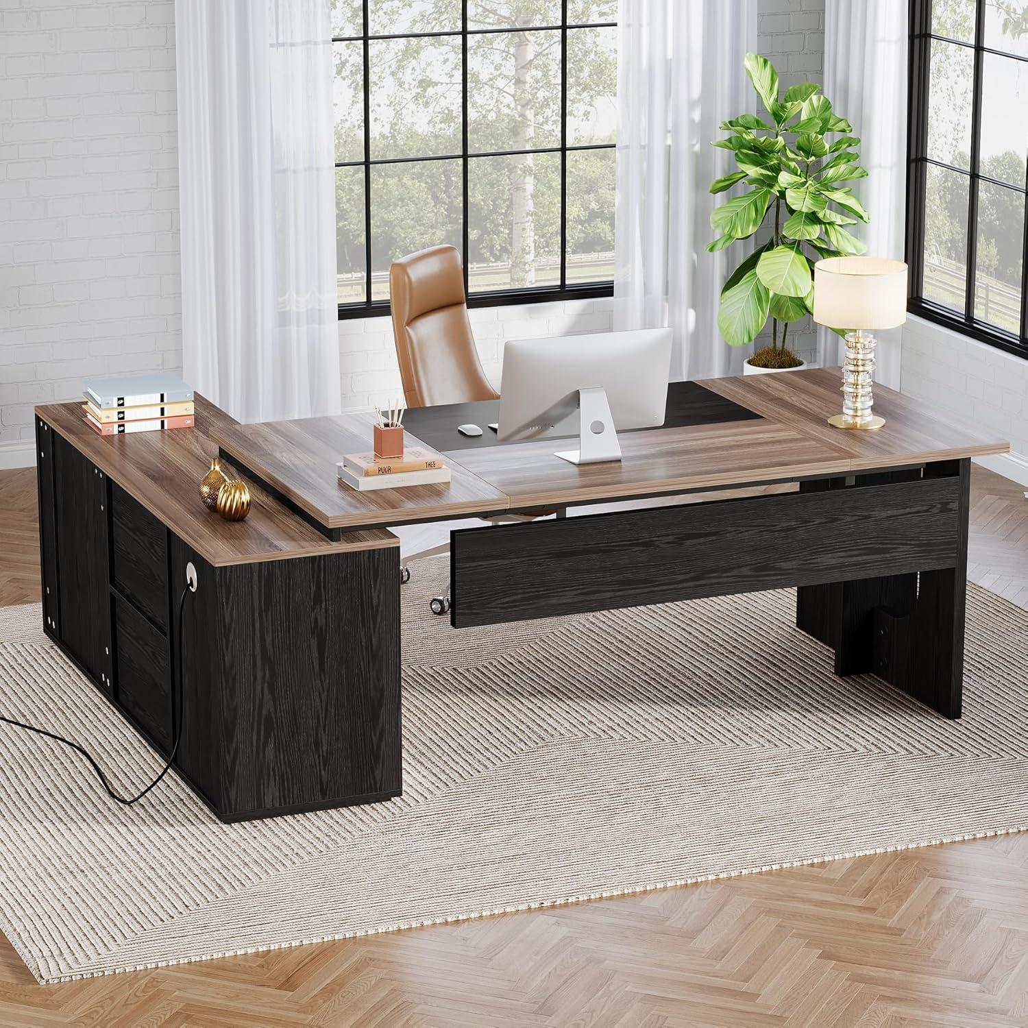 Tribesigns 74.8 Inch Executive Desk, Large Office Desk with Cabinet, L Shaped Computer Table with Shelves and CPU Storage, Modern Home Office Desks Business Furniture Workstation Set