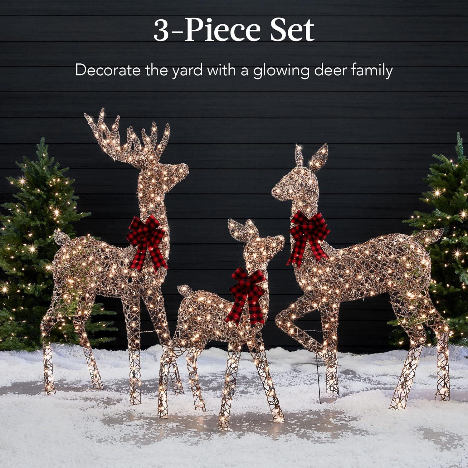 Best Choice Products 3-Piece Rattan Deer Set, Lighted Christmas Outdoor Decoration w/ 360 Lights, Stakes - Rattan