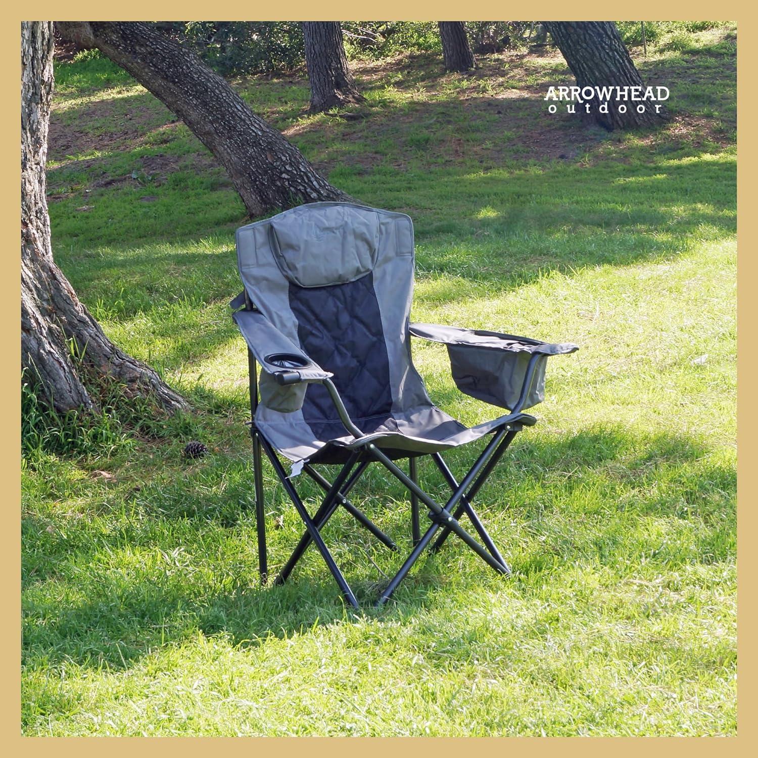 ARROWHEAD OUTDOOR Folding Camping Quad Chair w/ 6-Can Cooler, Cup & Wine Glass Holders, w/ Carrying Bag, Gray