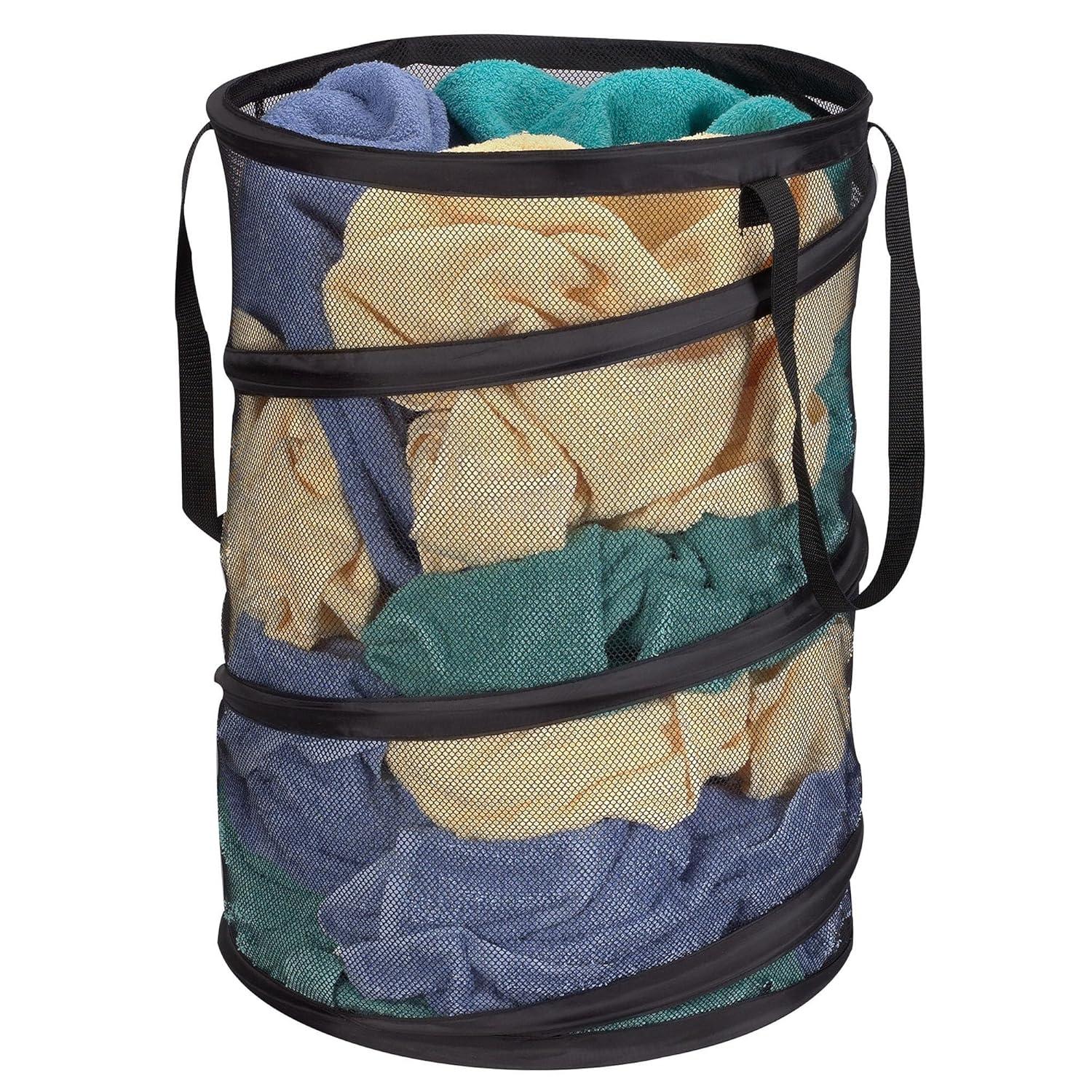 Pop-Up Mesh Laundry Hamper, Springform Steel Frame, Mesh Lining for Air Circulation, Large Capacity, Easy Set-Up, Compact Storage, Black