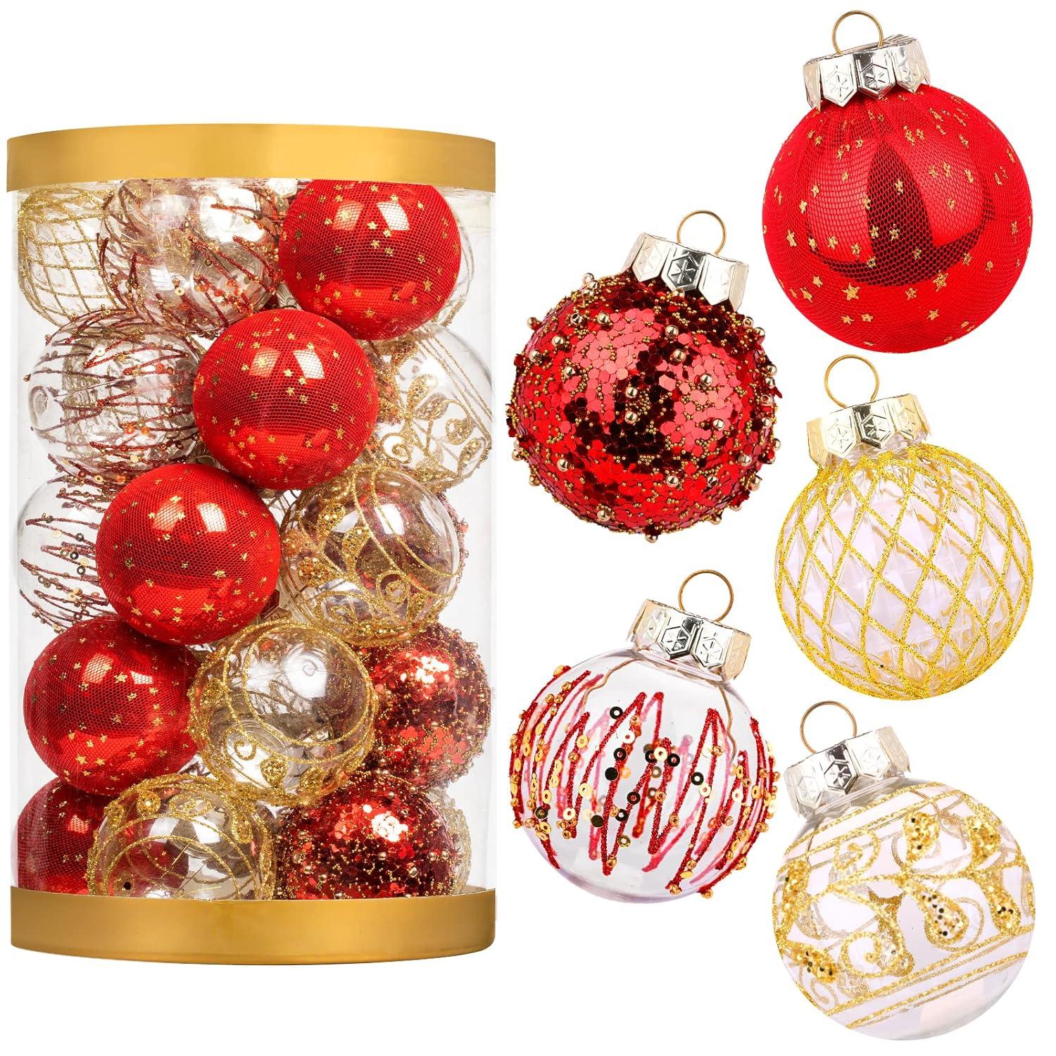 Christmas JoyMoreHome 25Pcs Christmas Tree Ball Ornaments 2.36" Red White Shatterproof Hanging Christmas Ball Ornaments for Xmas New Year Birthday Home Party Supplies