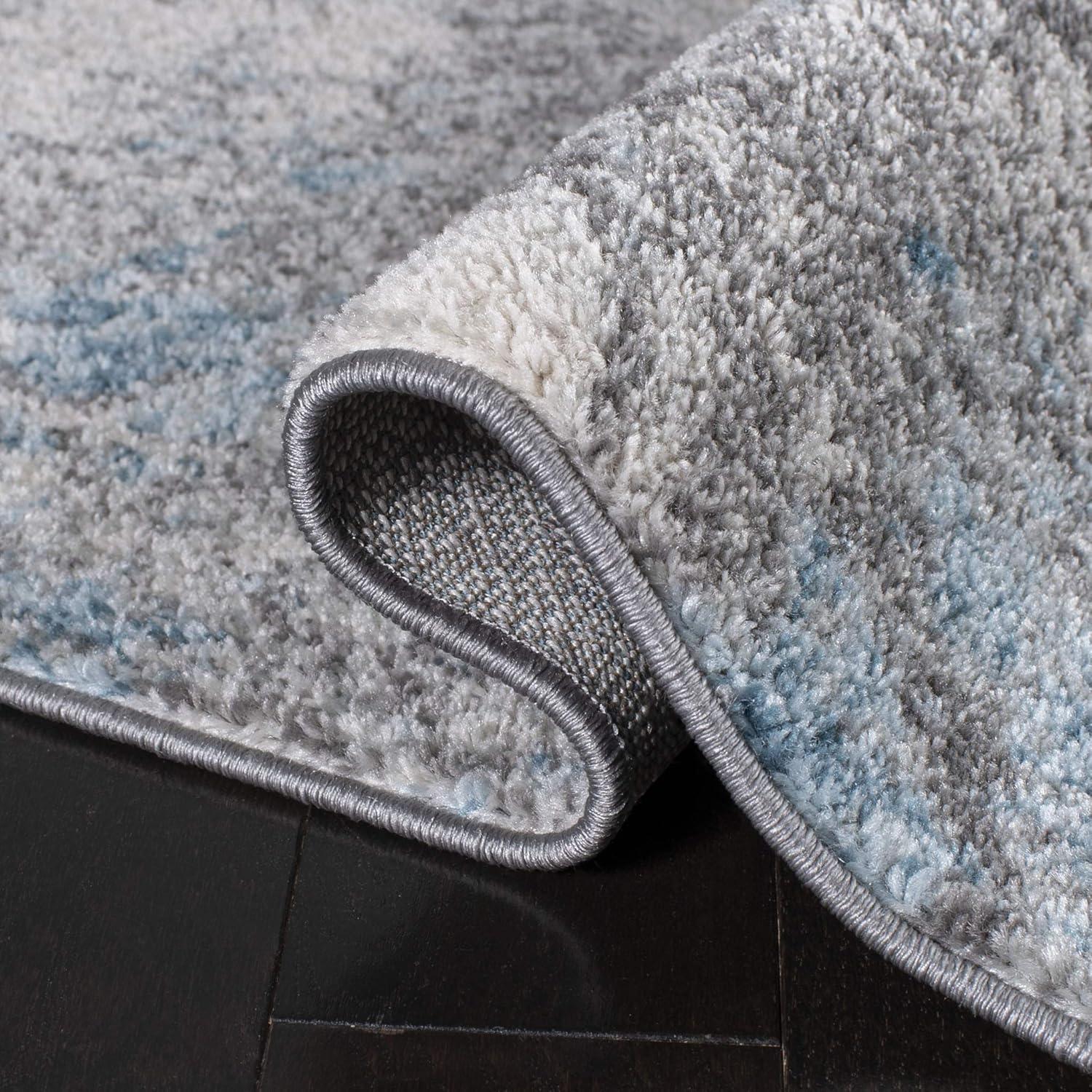 Abstract Grey & Blue Synthetic 2' x 9' Easy-Care Runner Rug