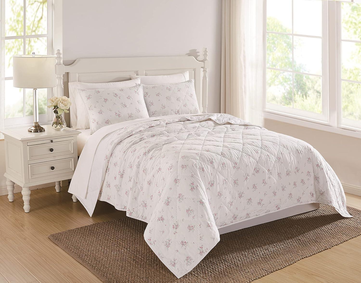 White and Pink Floral Cotton Twin XL Quilt Set