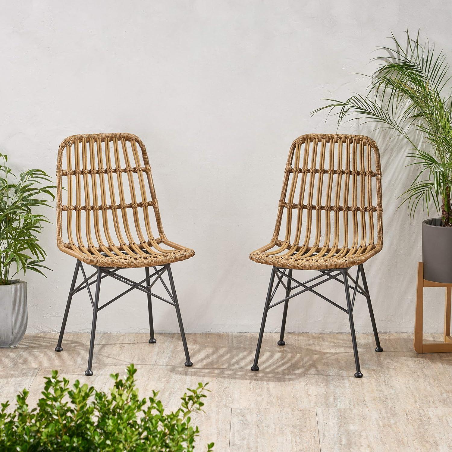 GDFStudio Outdoor Wicker Dining Chair (Set of 2), Light Brown and Black