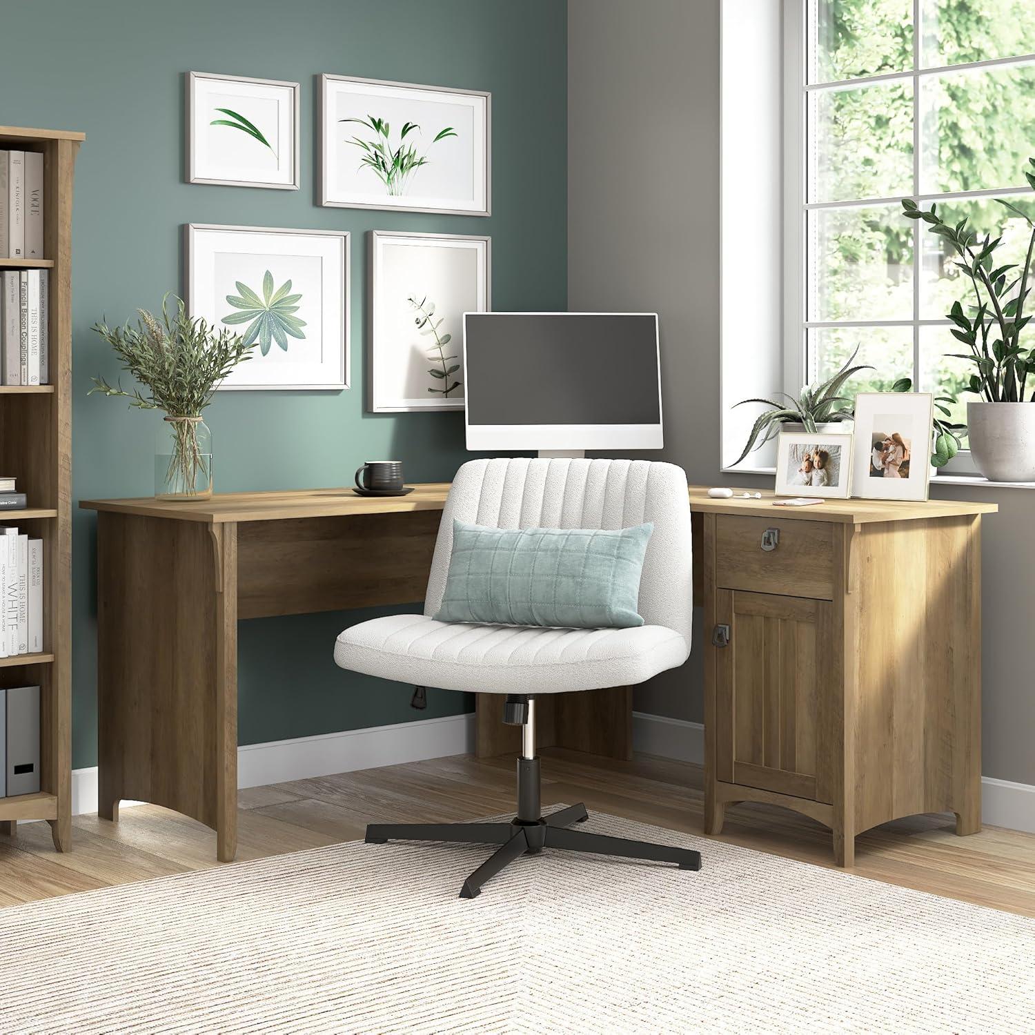 Bush Furniture Salinas 60" L Shaped Desk with Storage, Reclaimed Pine