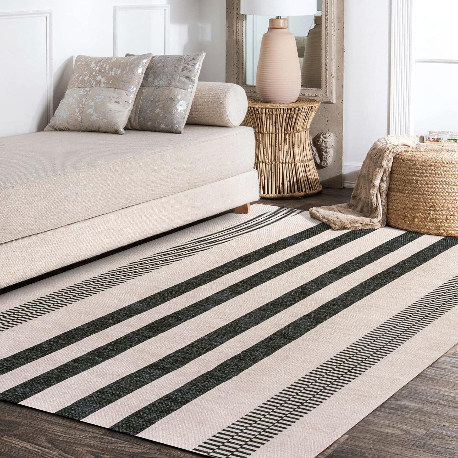 Cream and Black Striped Synthetic 3' x 5' Washable Area Rug