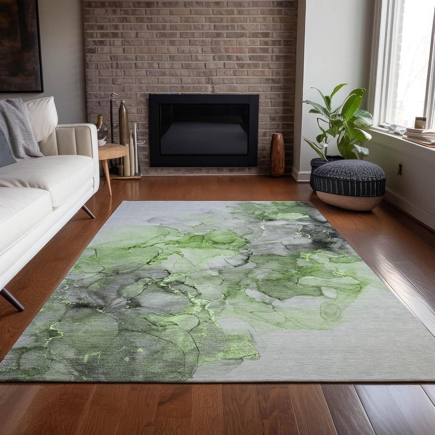 Green and Gray Watercolor Synthetic Washable Area Rug