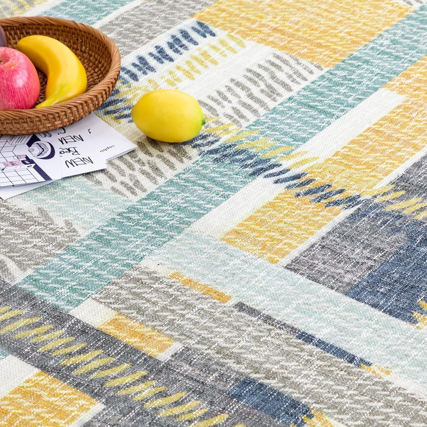 NELE Machine Washable Modern Lattice Area Rug Yellow/Blue Multi