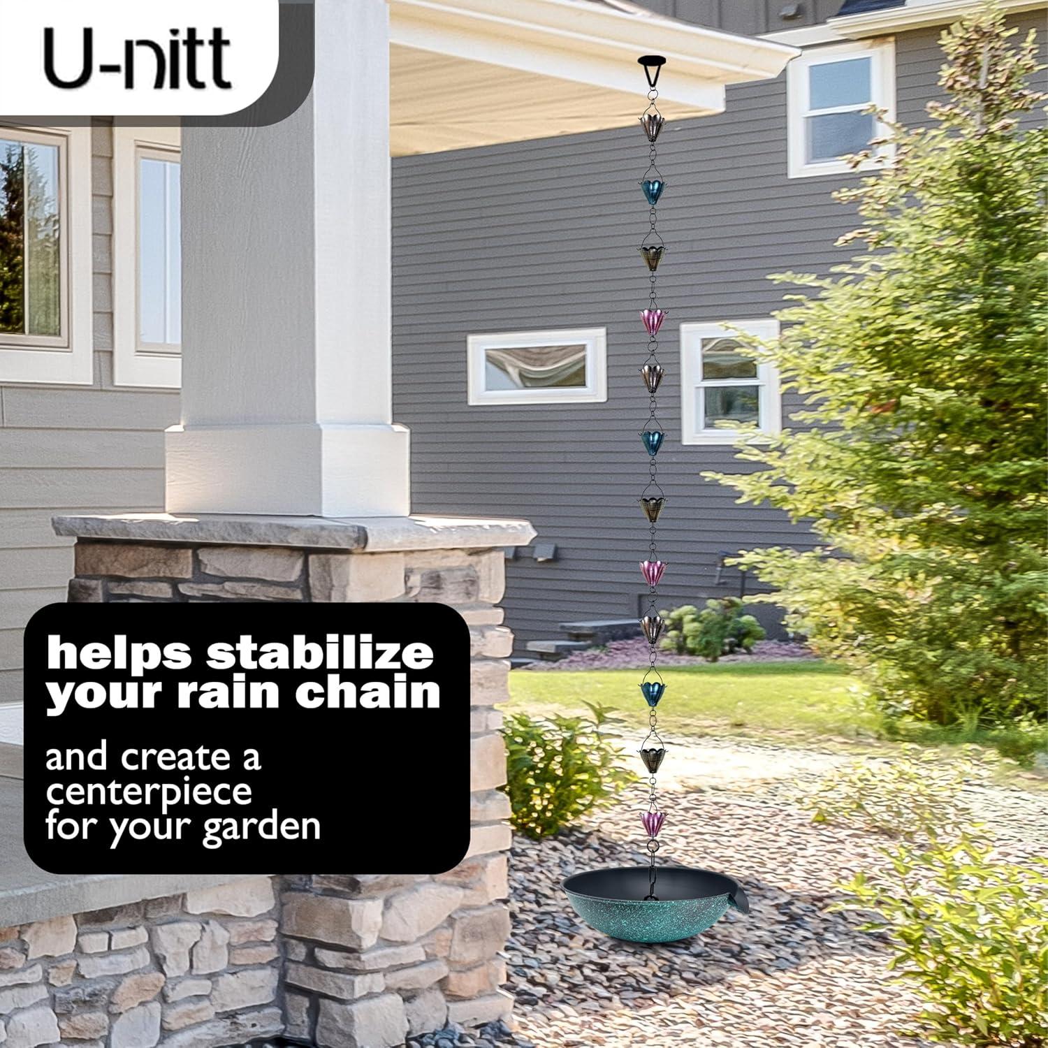 U-nitt 12" Anchoring Basin/Bowl/Dish for Gutter Rain Chain, Spill Bowl for Fountain, with Scupper, Birdbath Alternative, with Attachment Chain, Black Powder Coated with Patina, 972PA