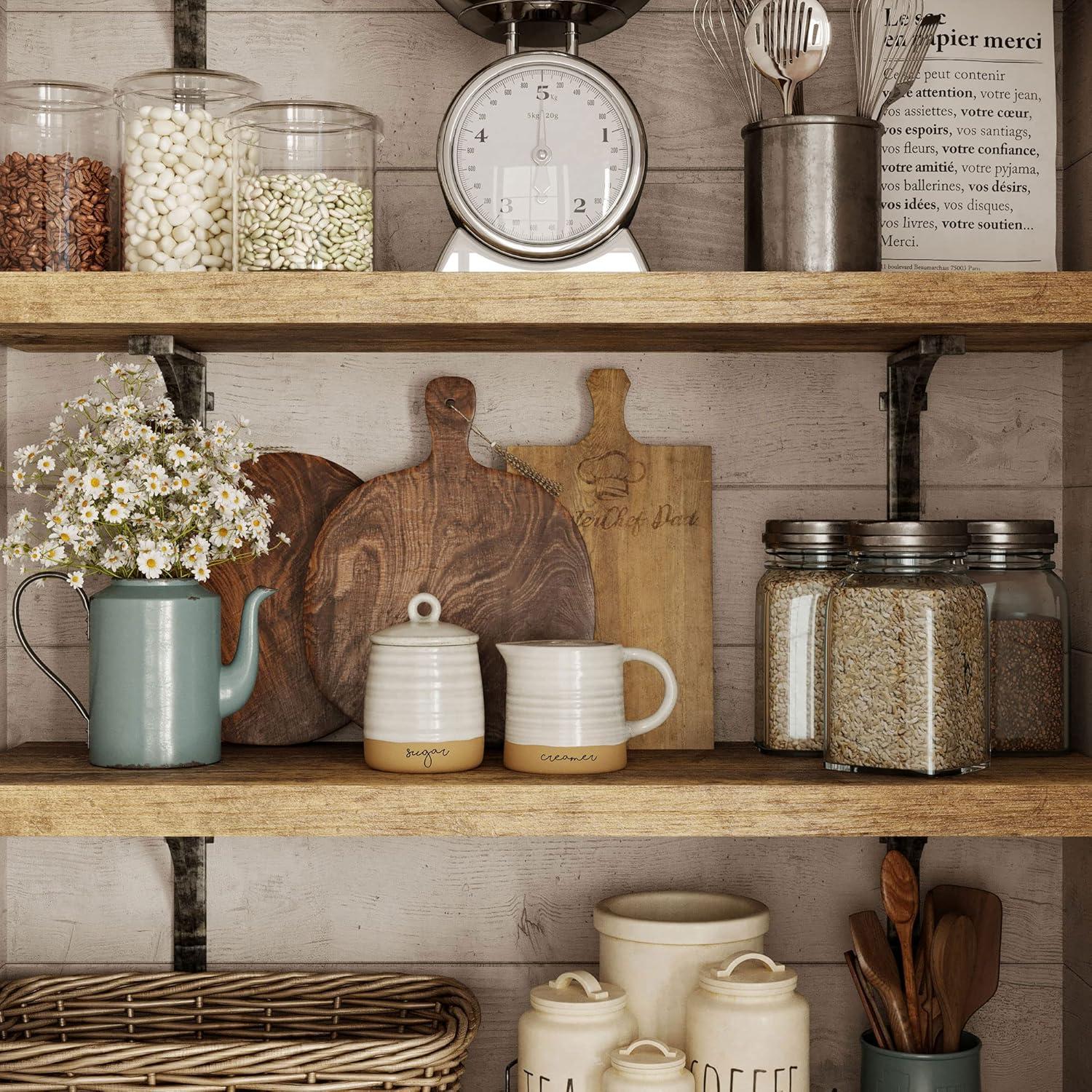 Barnyard Designs Ceramic Stoneware Sugar Creamer Set, 11oz Creamer Pitcher and Sugar Bowl with Lid, Vintage Farmhouse Sugar Creamer Dispenser Container Holder, Sugar Cube Dish Coffee or Tea, Ivory/Tan