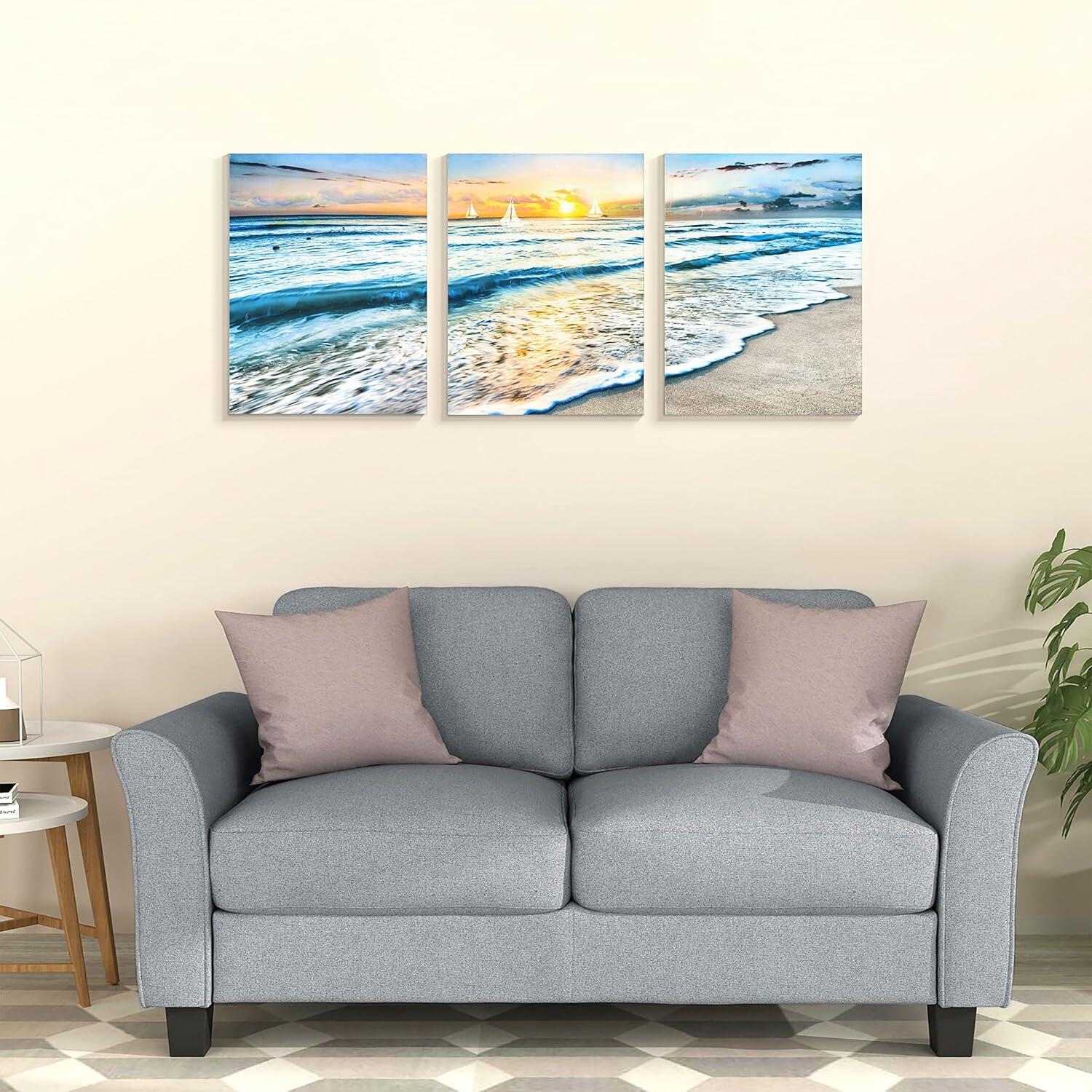 Asdg12s-3 Panel Wall Art Blue Sea Sunset White Beach Painting The Picture Print On Canvas Seascape The Pictures for Home Decor Decoration,Ready to Hang