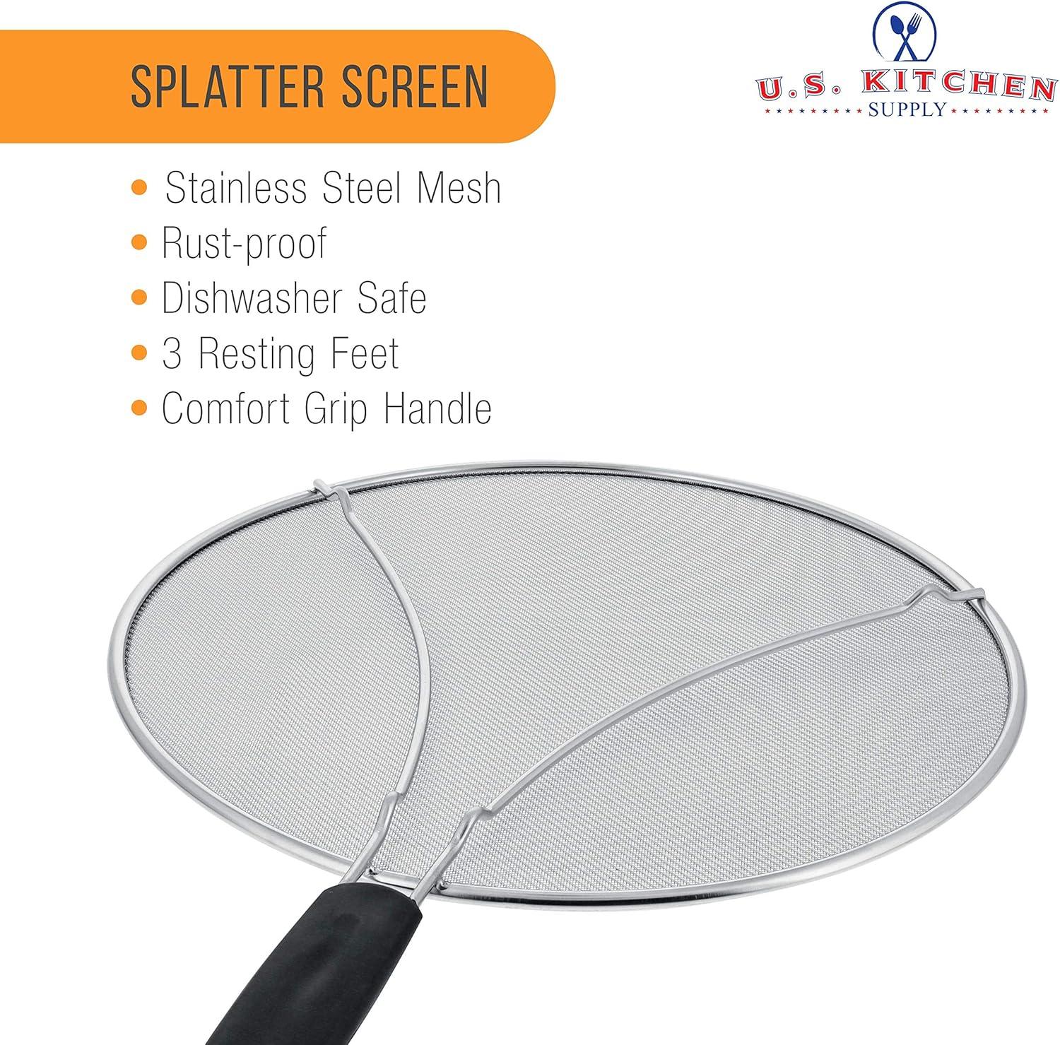 U.S. Kitchen Supply 13" Stainless Steel Fine Mesh Splatter Screen with Resting Feet & Black Comfort Grip Handle