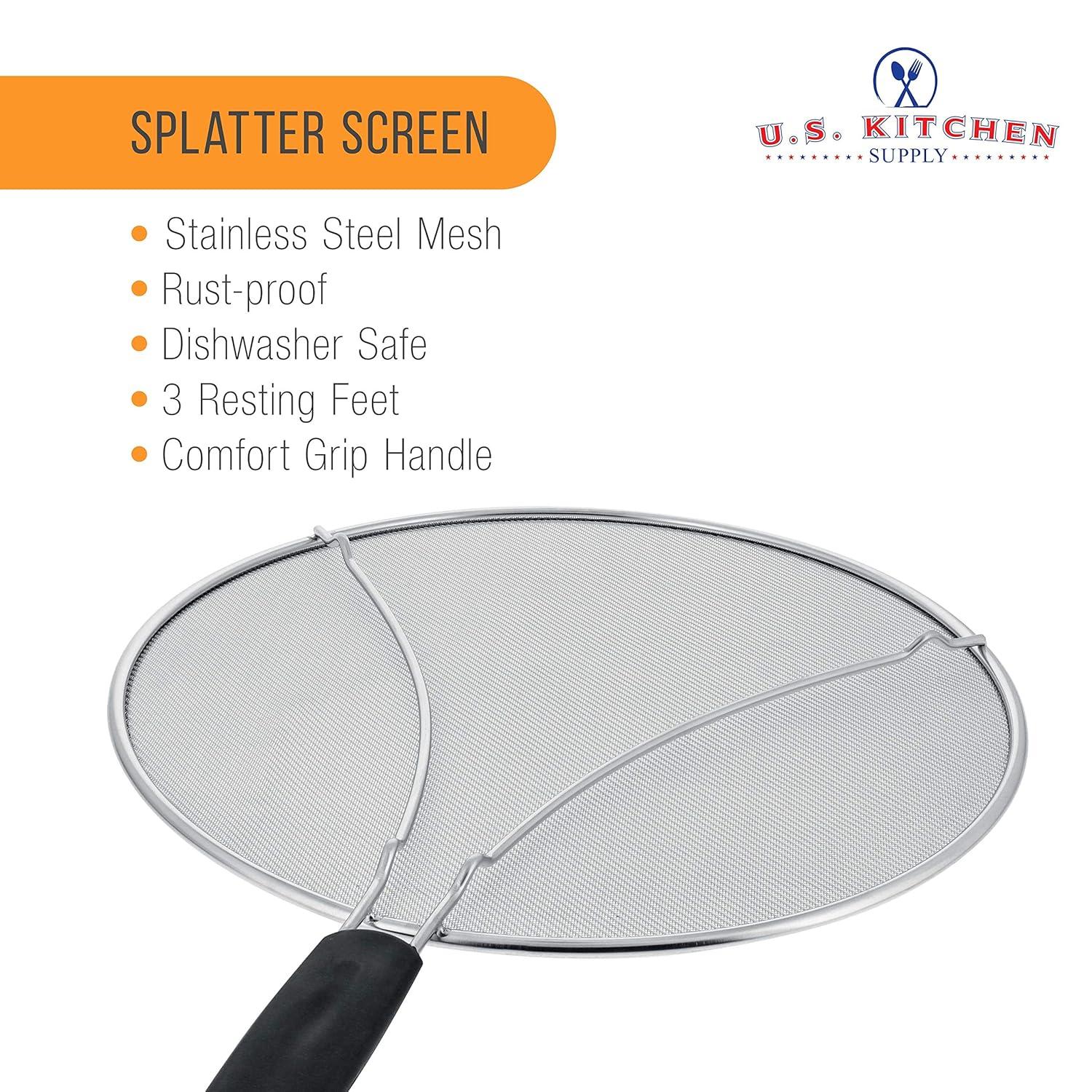 U.S. Kitchen Supply 13" Stainless Steel Fine Mesh Splatter Screen with Resting Feet & Black Comfort Grip Handle