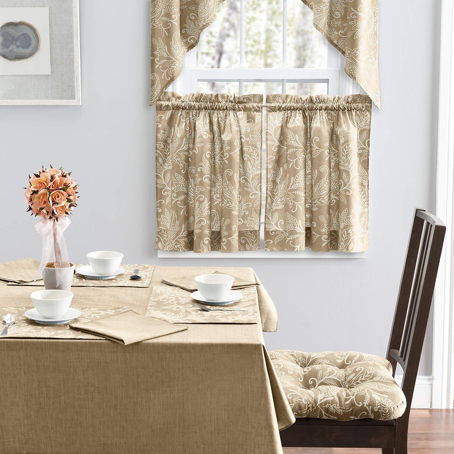 Tan Leaf Pattern Poly-Cotton Rod Pocket Curtain Tiers