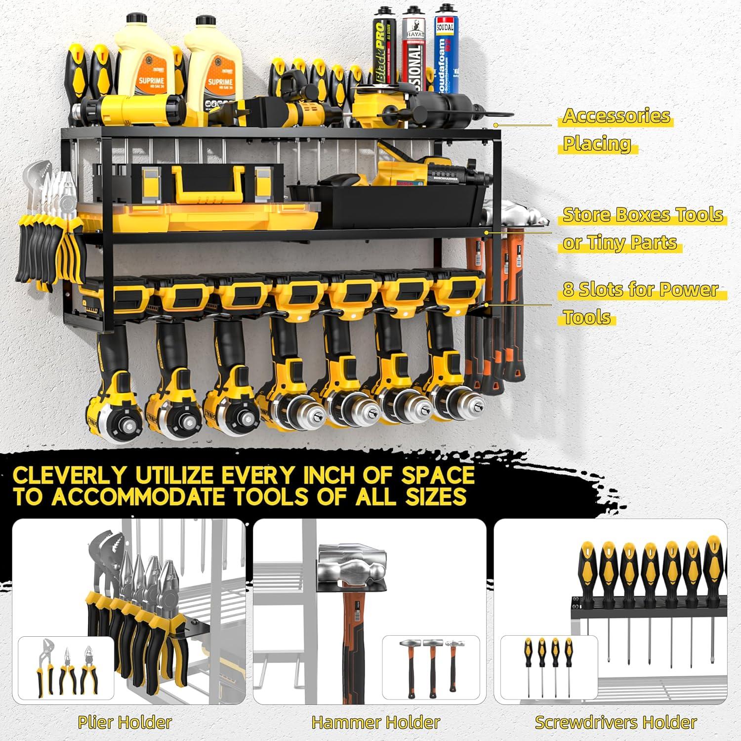 Power Tool Organizer, 7 Drill Holder for Tool Organizer, Storage and Organization for Garage, Heavy Duty Metal Tool Shelf Utility Rack for Cordless Power Tools Suitable for Pegboard/Workshop