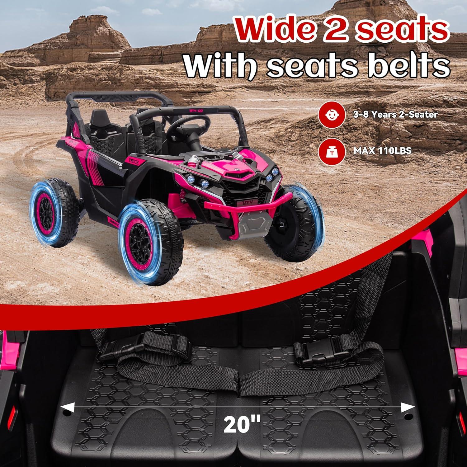 BCARORUR 24V 7AH 2 Seater Ride on Toys for Big Kids w/ 20" Large Seat, Remote Control, Bluetooth, 2X200W Powerful Motors, MP3, Lights, Power Car Wheels for Boys Girls, Pink