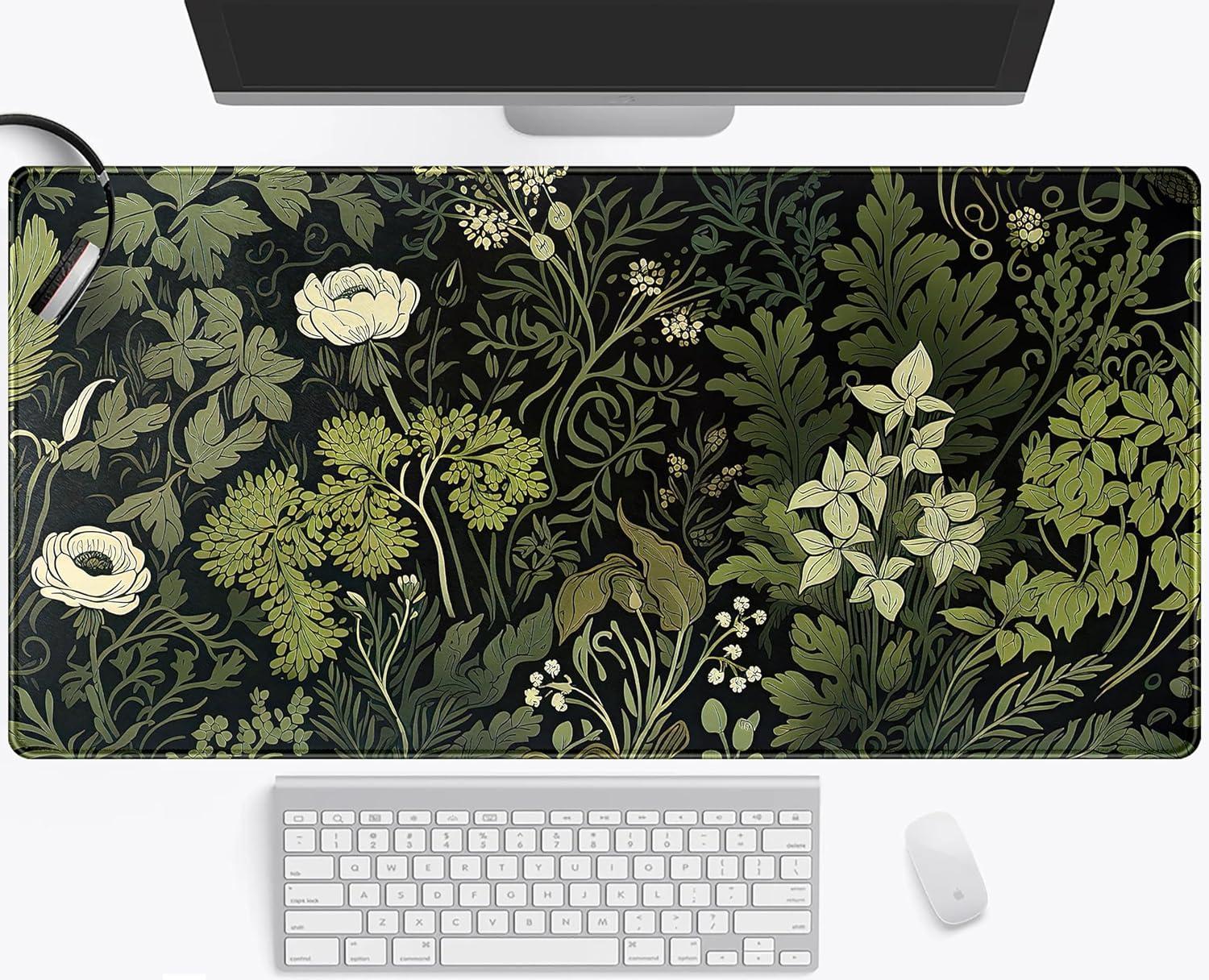 Green Leaves Beige Plants Pad, Large Extend Mouse Pad XXL, Freshness Foliage Keyboard Mat, Black Esthetics Desktop Mat Laptop Wireless Mouse Mat, Gift for Women 31.5"x15.75"