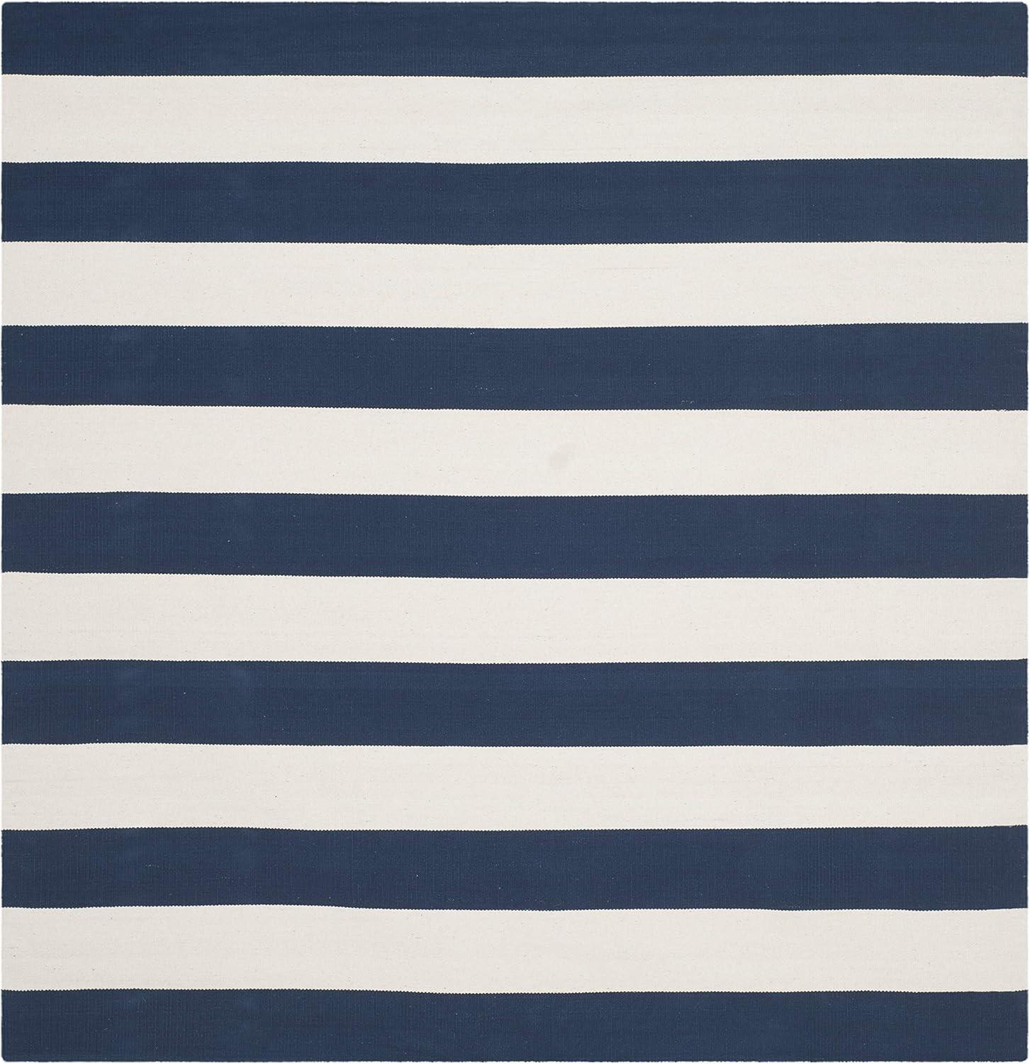 Navy and Ivory Flat Woven Cotton Stripe Square Rug