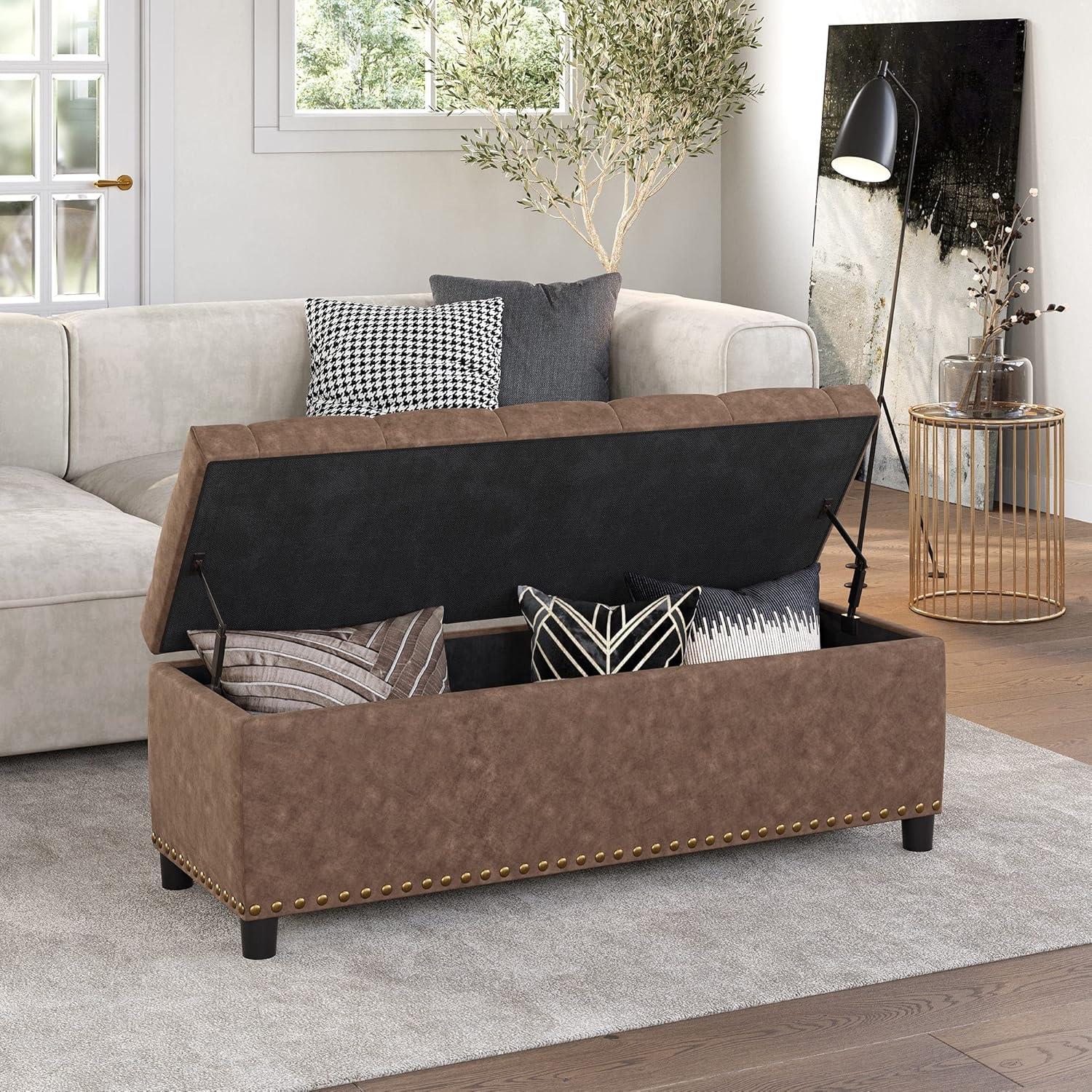 BELLEZE Button-Tufted Faux Leather Storage Ottoman Bench - Brentwood (Rustic Brown)