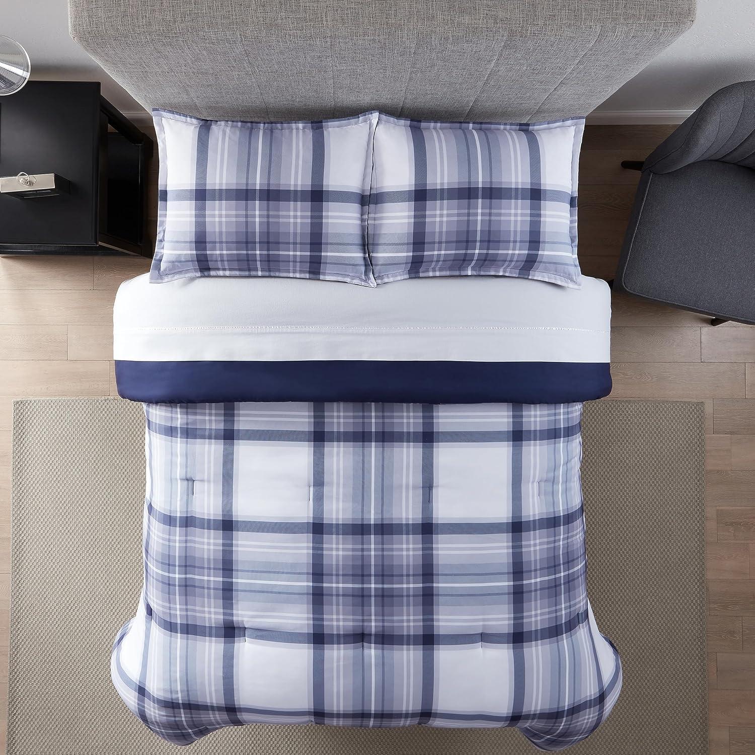Serta Simply Clean Scott Soft 7 Piece Plaid Bed in A Bag Complete Bedding Comforter Set with Sheets and Pillow Case for All Season, Full, Blue