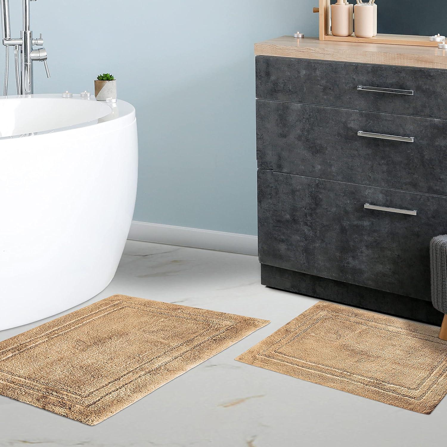 Latte Square Cotton Bath Rug Set with Non-Slip Backing