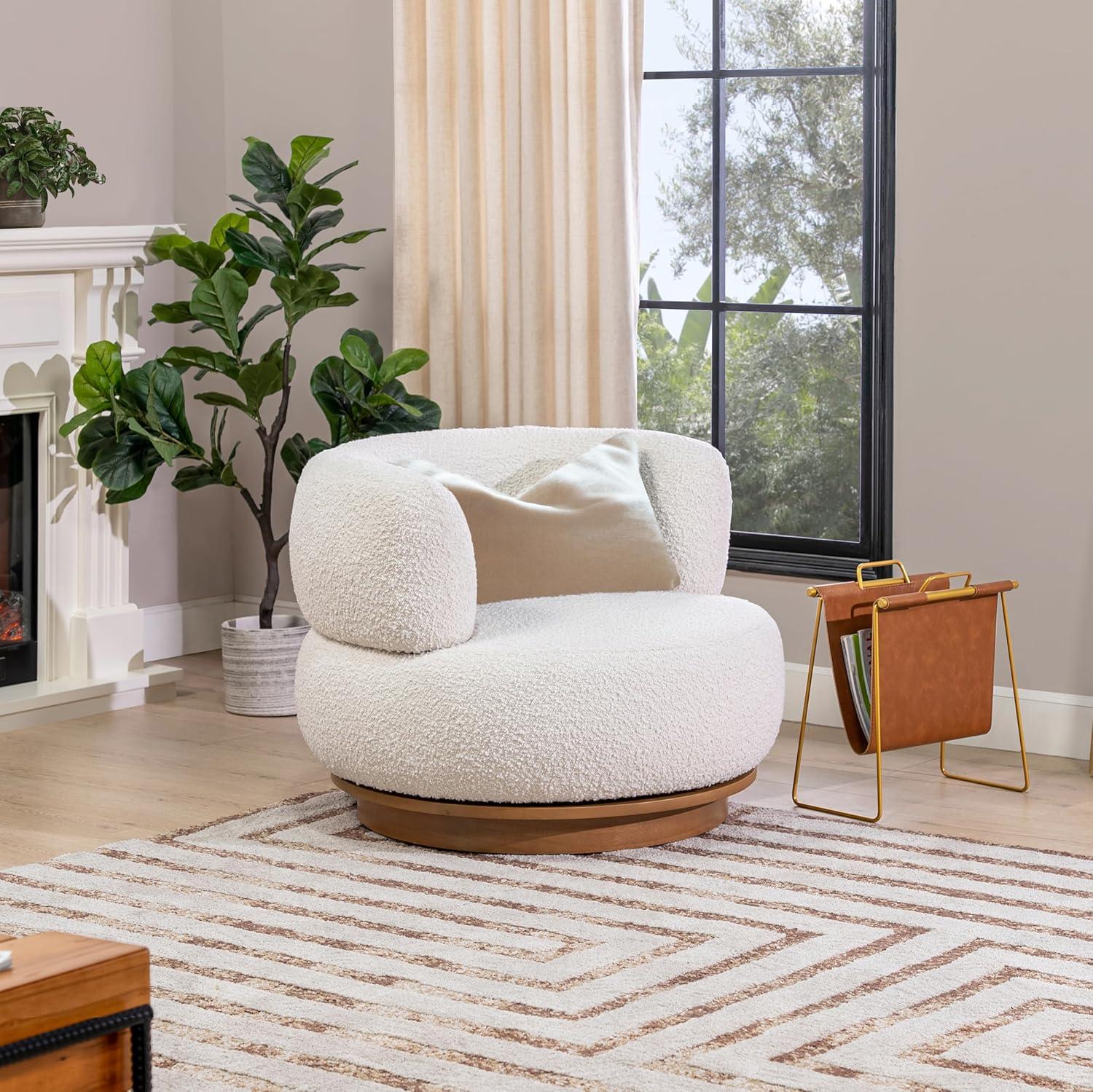 Ivory White Boucle Swivel Barrel Accent Chair with Wood Base