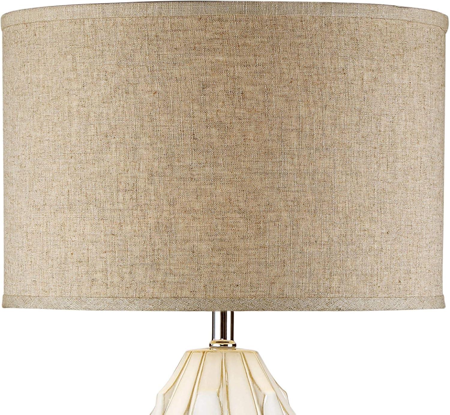 Possini Euro Design Cosgrove Modern Mid Century Table Lamp 32 3/4" Tall White Glazed Ceramic Beige Fabric Drum Shade for Bedroom Living Room Bedside
