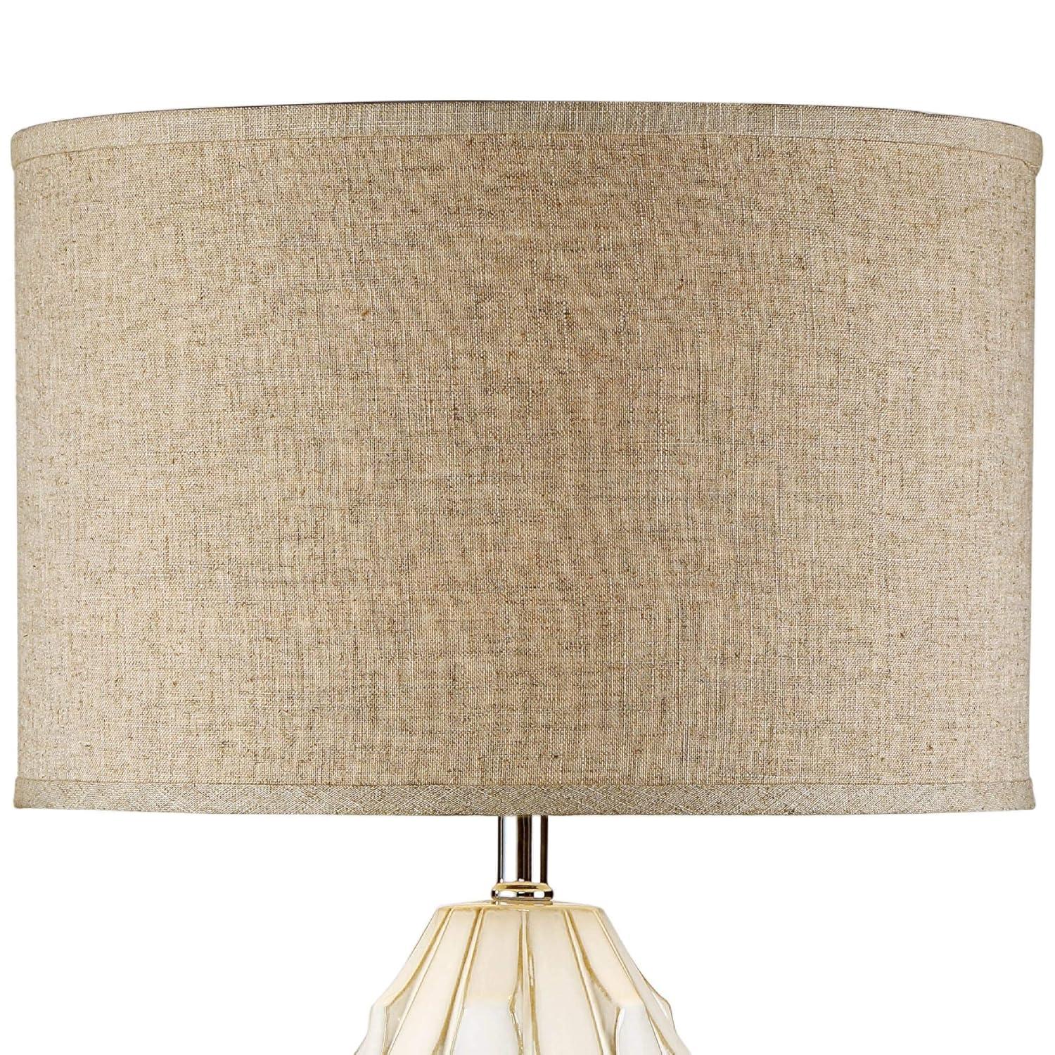 Possini Euro Design Cosgrove Modern Mid Century Table Lamp 32 3/4" Tall White Glazed Ceramic Beige Fabric Drum Shade for Bedroom Living Room Bedside