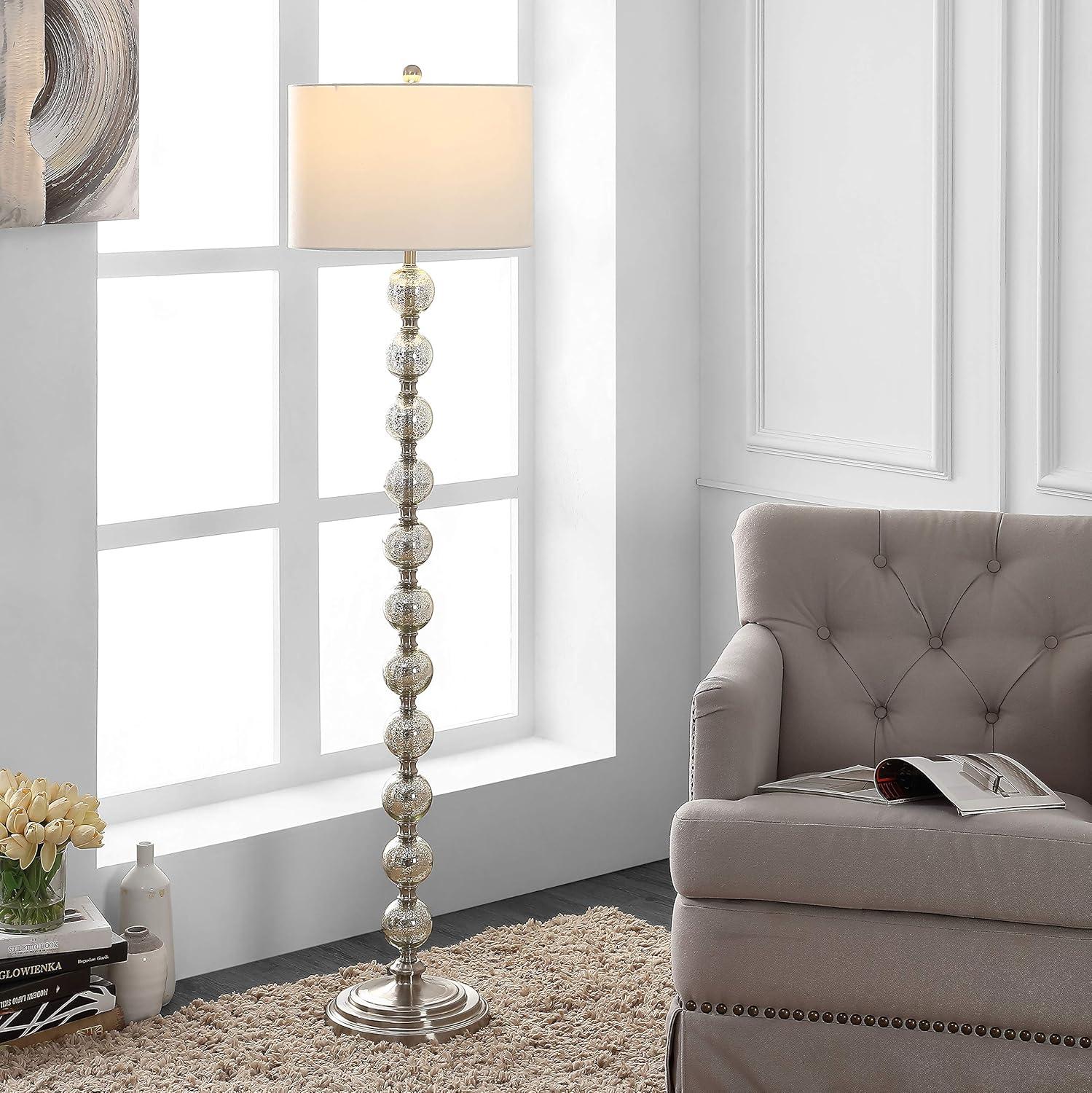 Elegant Adjustable White and Satin Nickel Floor Lamp with Metal Globes