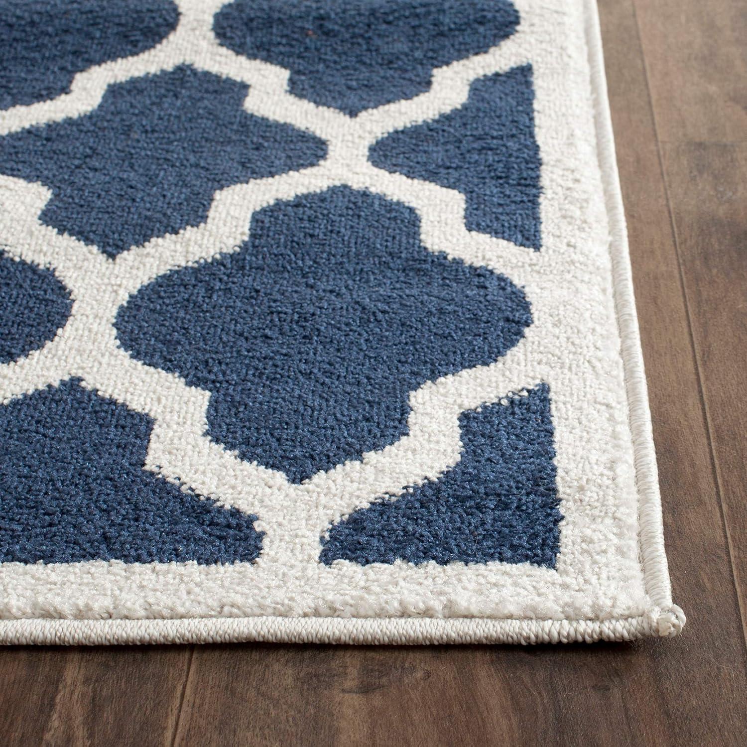 Navy Beige Geometric Reversible Synthetic Runner Rug