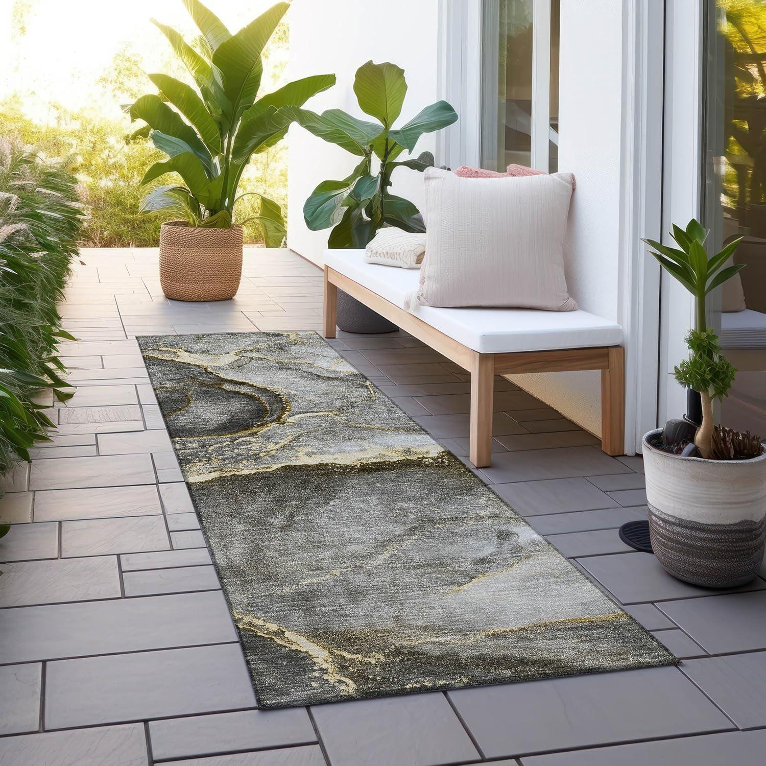 Gold and Gray Abstract Machine-Washable Runner Rug