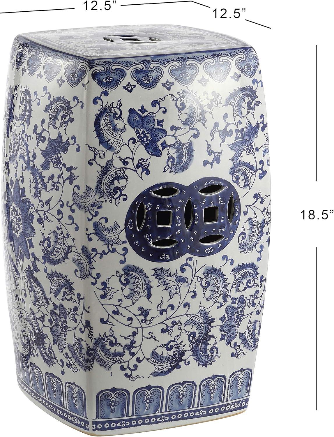 JONATHAN Y Floral Vine 18.5" Chinoiserie Ceramice Square Garden Stool, Blue/White