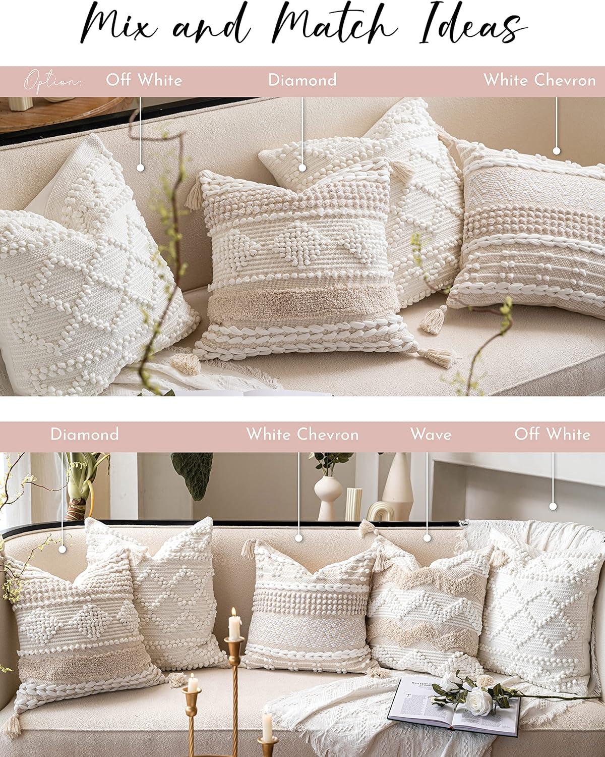 Cream White Boho Throw Pillow Cover 20X20, Decorative Neutral Accent Pillow for Couch, Square Woven Textured Pillowcase, Modern Boho Pillow for Bed, Bohemian Pillow Cover (Pack of 1)