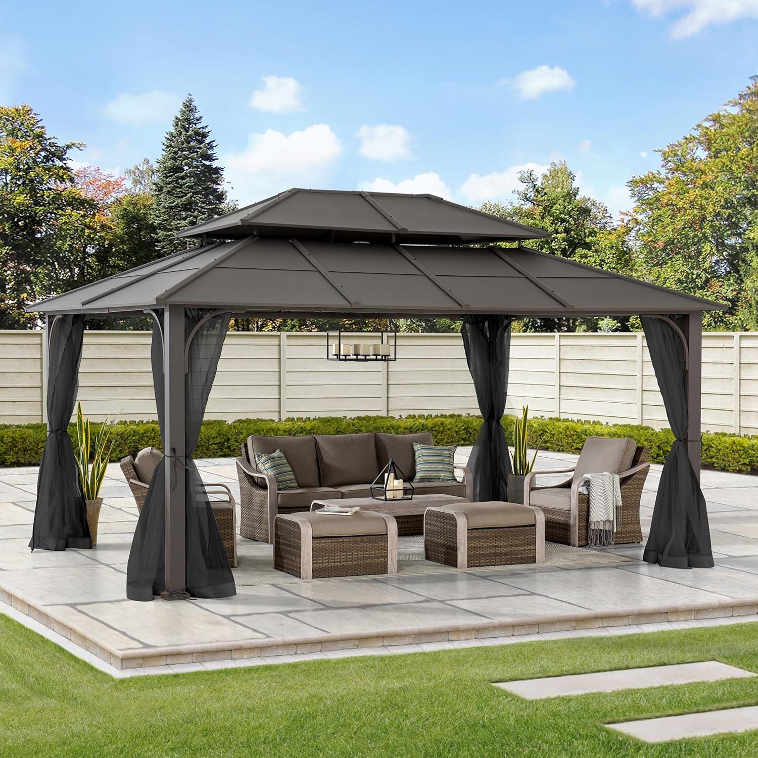 Sunjoy Hardtop Gazebo 12 x 16 ft. Outdoor Gazebo, Heavy Duty Steel Frame Gazebo, Double Tiered Metal Gazebo with Ceiling Hook and Removable Netting Sidewalls