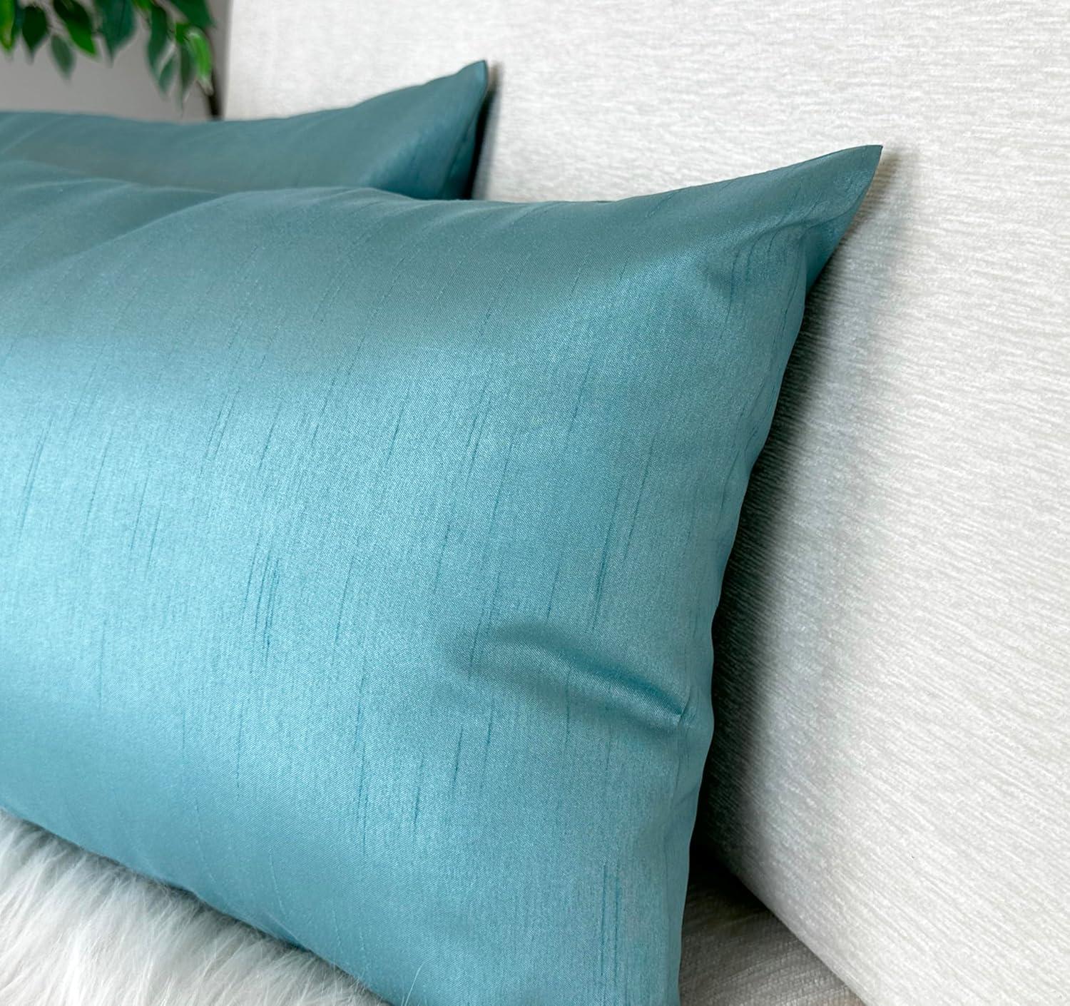 Aqua Faux Silk Rectangular Throw Pillow Set, 24" x 12"