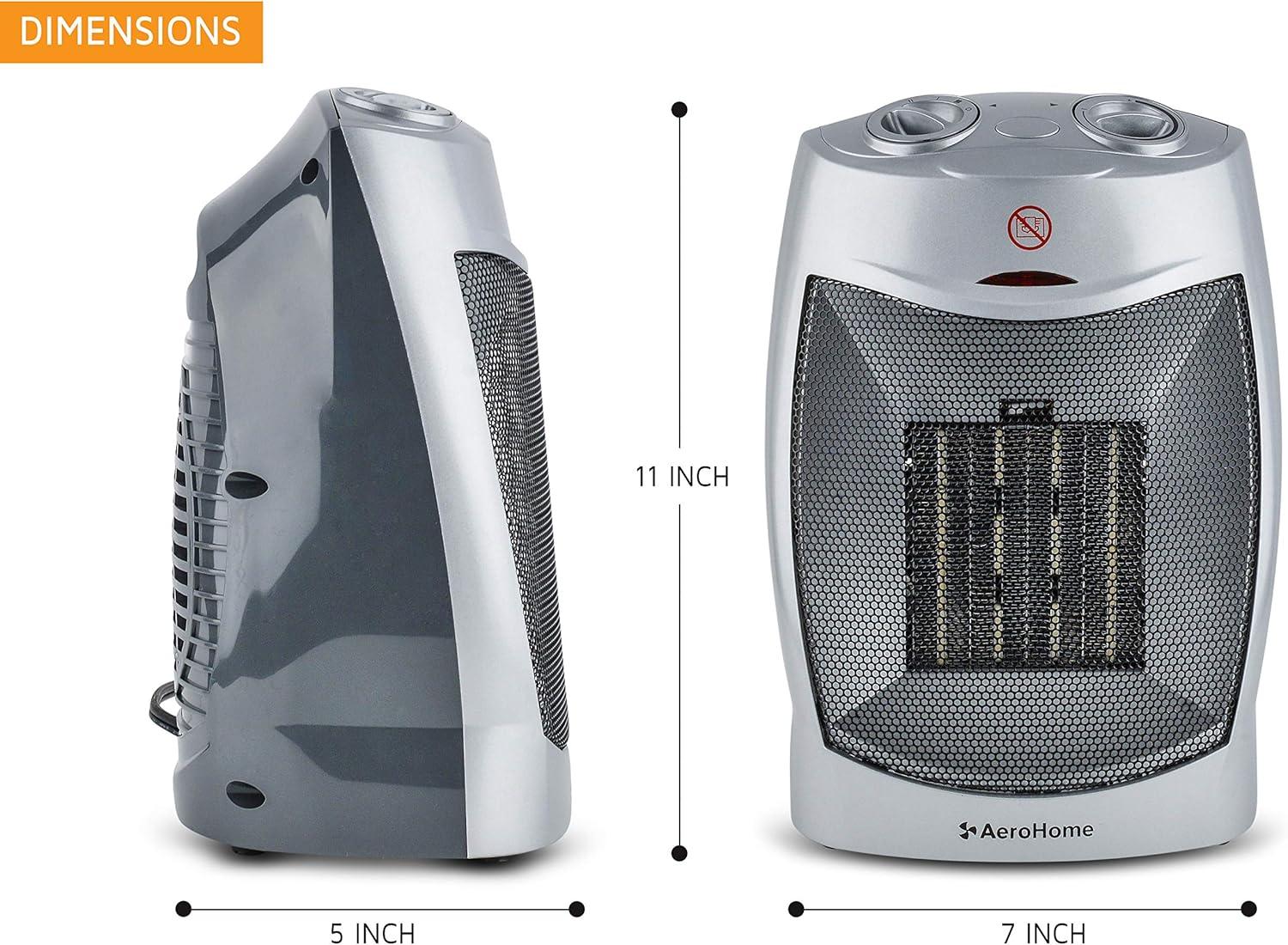 AeroHome 1500W Personal Electric Ceramic Space Heater with Adjustable Thermostat, Silver