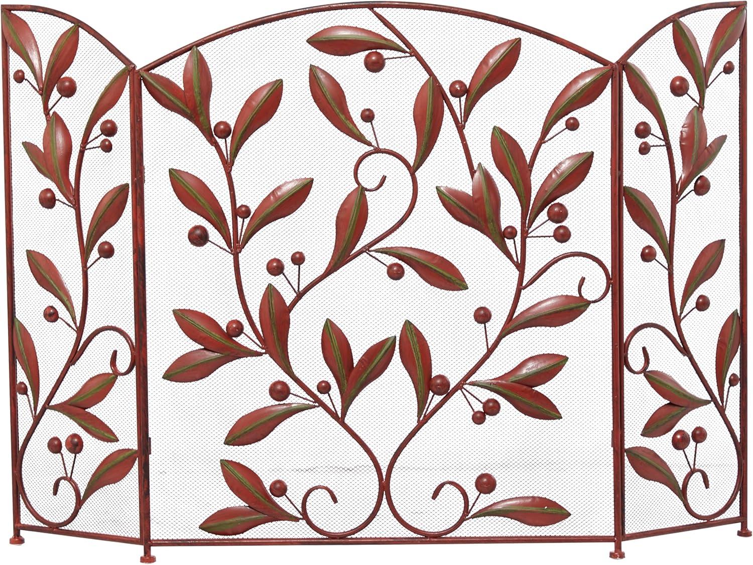 DecMode 45" x 30" Red Metal Foldable Mesh Netting 3 Panel Fireplace Screen with Leaf and Vine Relief, 1-Piece