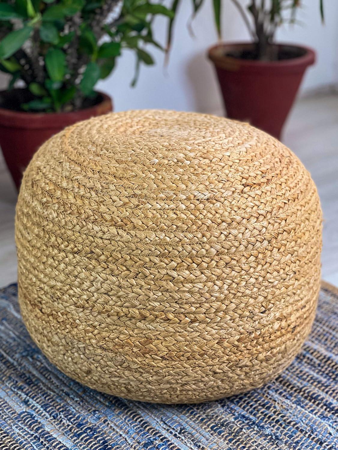Chardin home- Natural Braided Ottoman Pouf - Cozy & Bohemian Jute/Hemp Hand Crafted Casual Seating for Home, Office, Bedroom, 18"x18"x14". (Golden Brown)