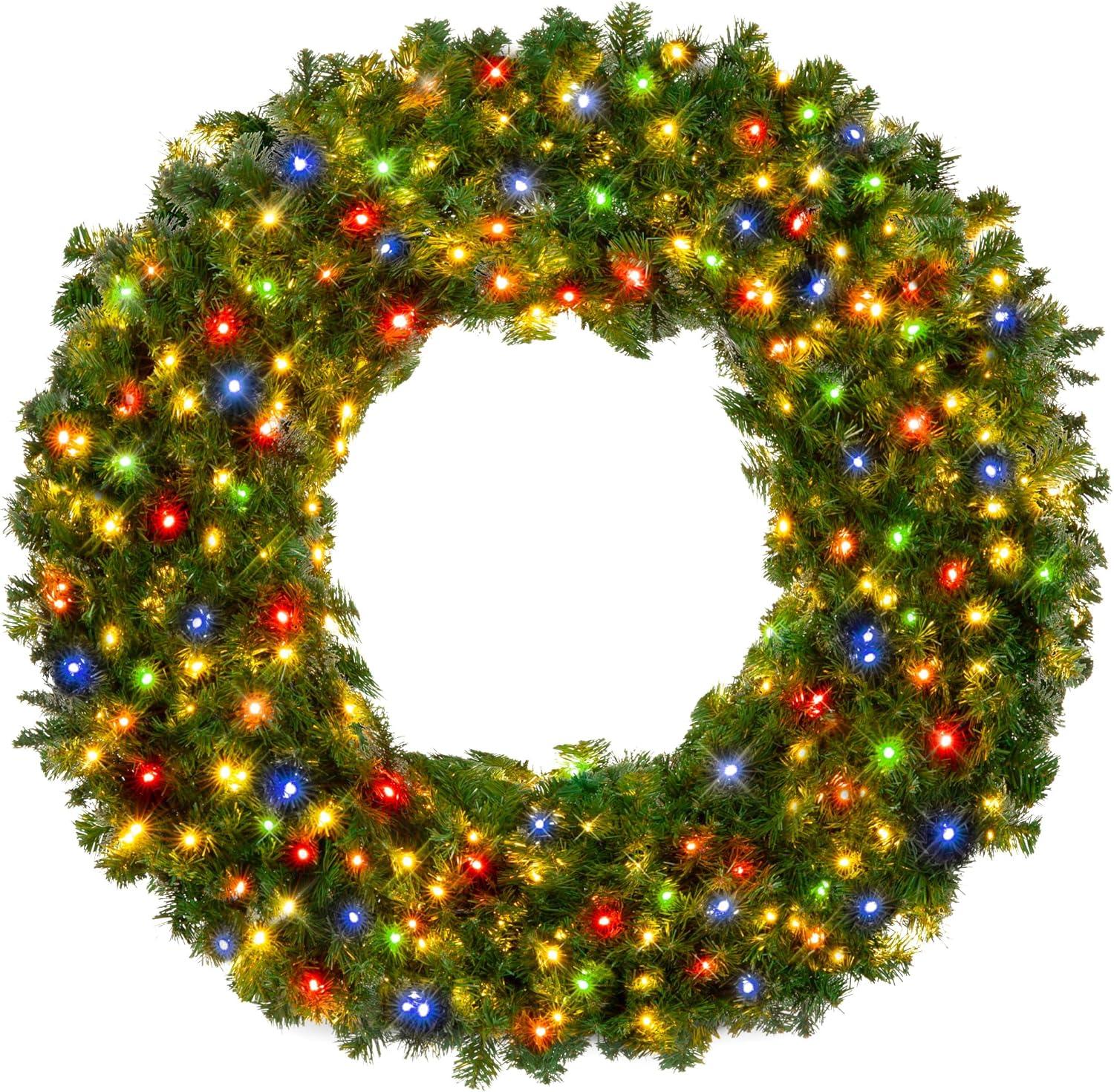 Best Choice Products Artificial Pre-Lit Fir Christmas Wreath Decoration w/ Multicolor Lights, Tips