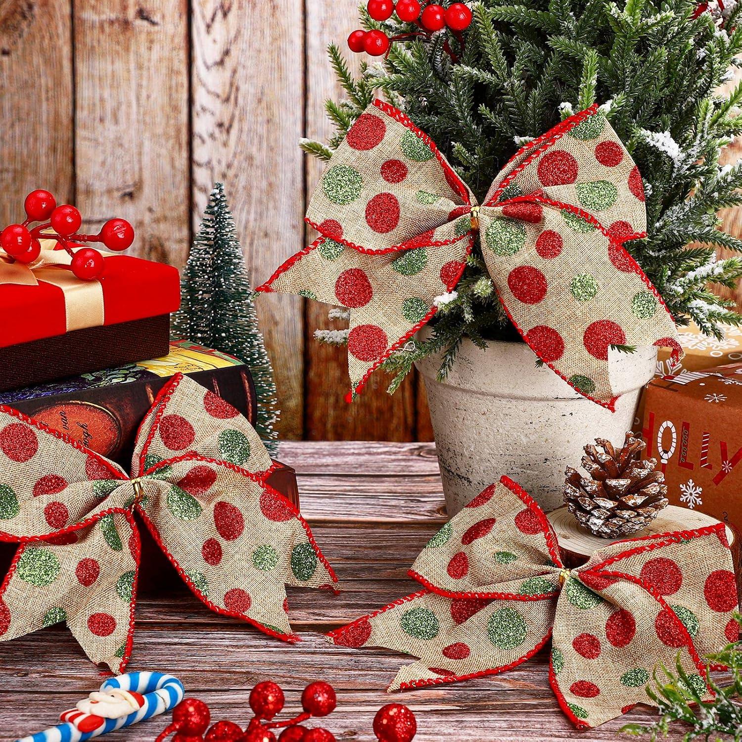 Sandistore Cute Cars 12pcs Christmas Tree Bows Ornaments 6 Inch Large Christmas Wreath Bows Red Green Xmas Tree Bows Christmas Glitter Dot Bows Ribbons Decoration For Garland Diamonds for Crafts